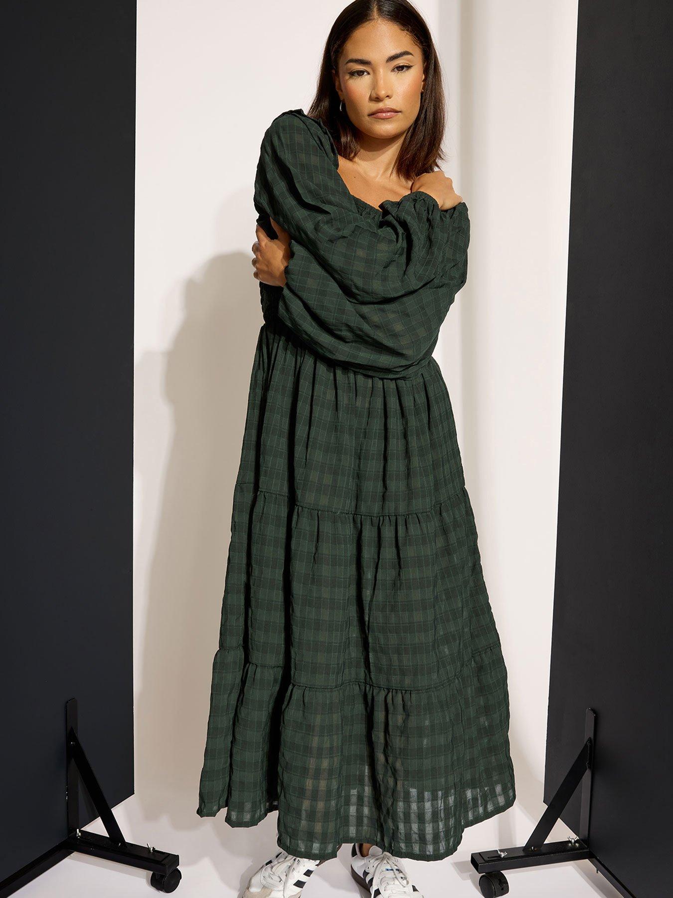 PixieGirl Petite Crinkle Check Long Sleeve Dress - Green