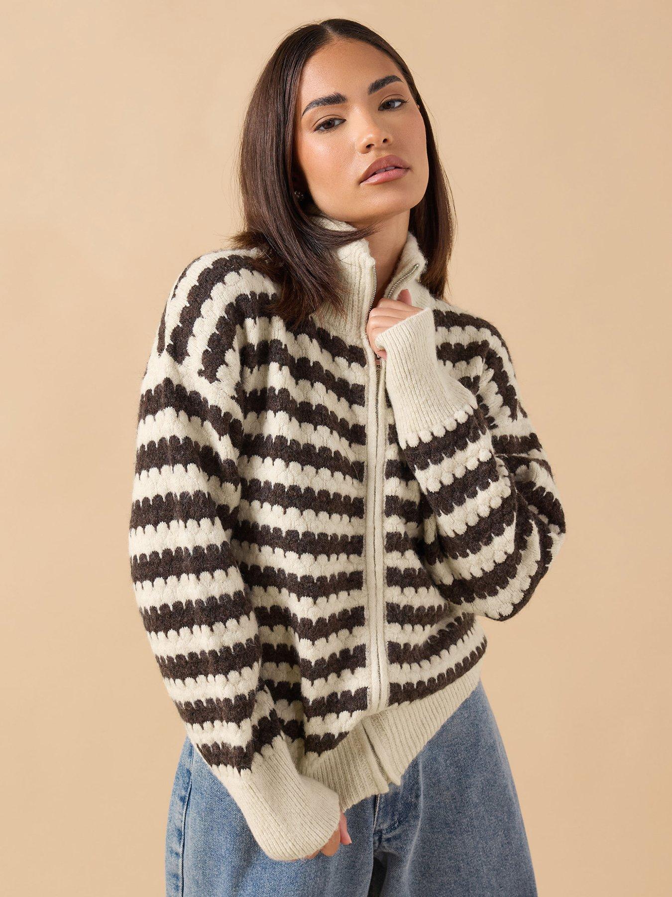PixieGirl Petite Scallop Stripe Zip Bomber Cardigan - Brown