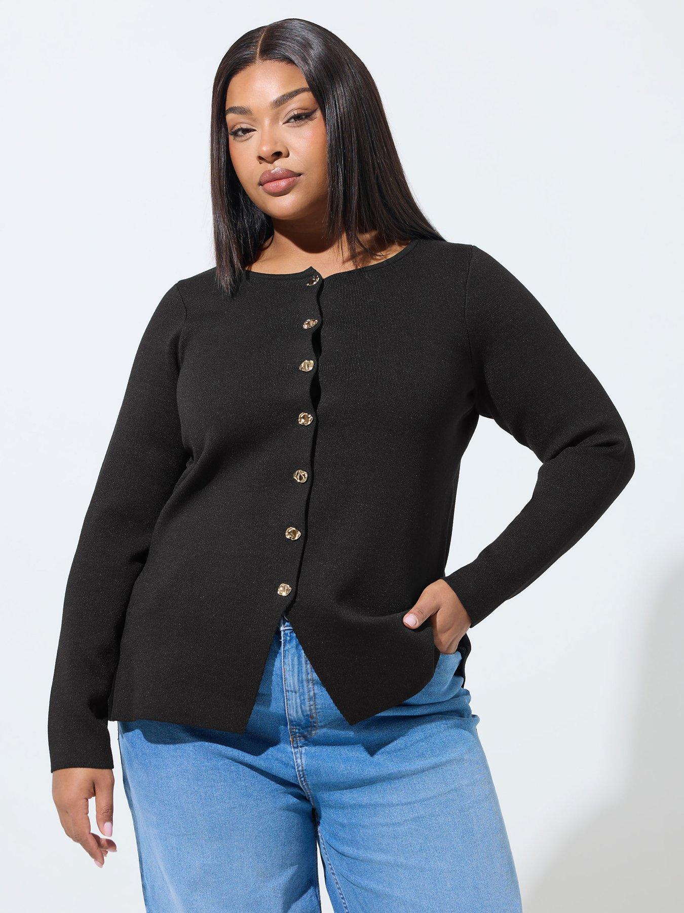 Image 1 of 5 of Yours Curve Long Sleeve Button Knit Top - Black