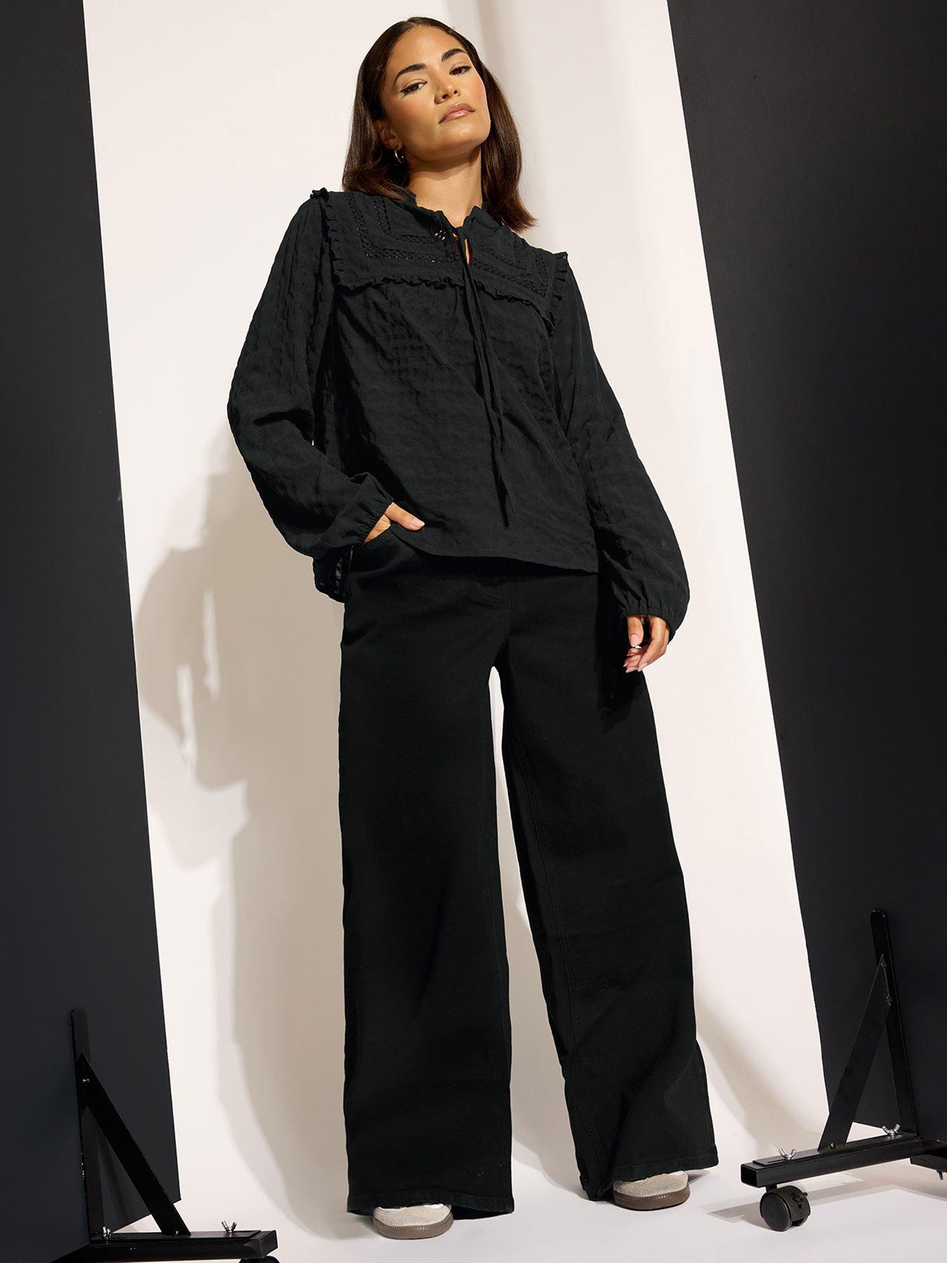 PixieGirl Petite Tie Neck Crinkle Crochet Top - Black