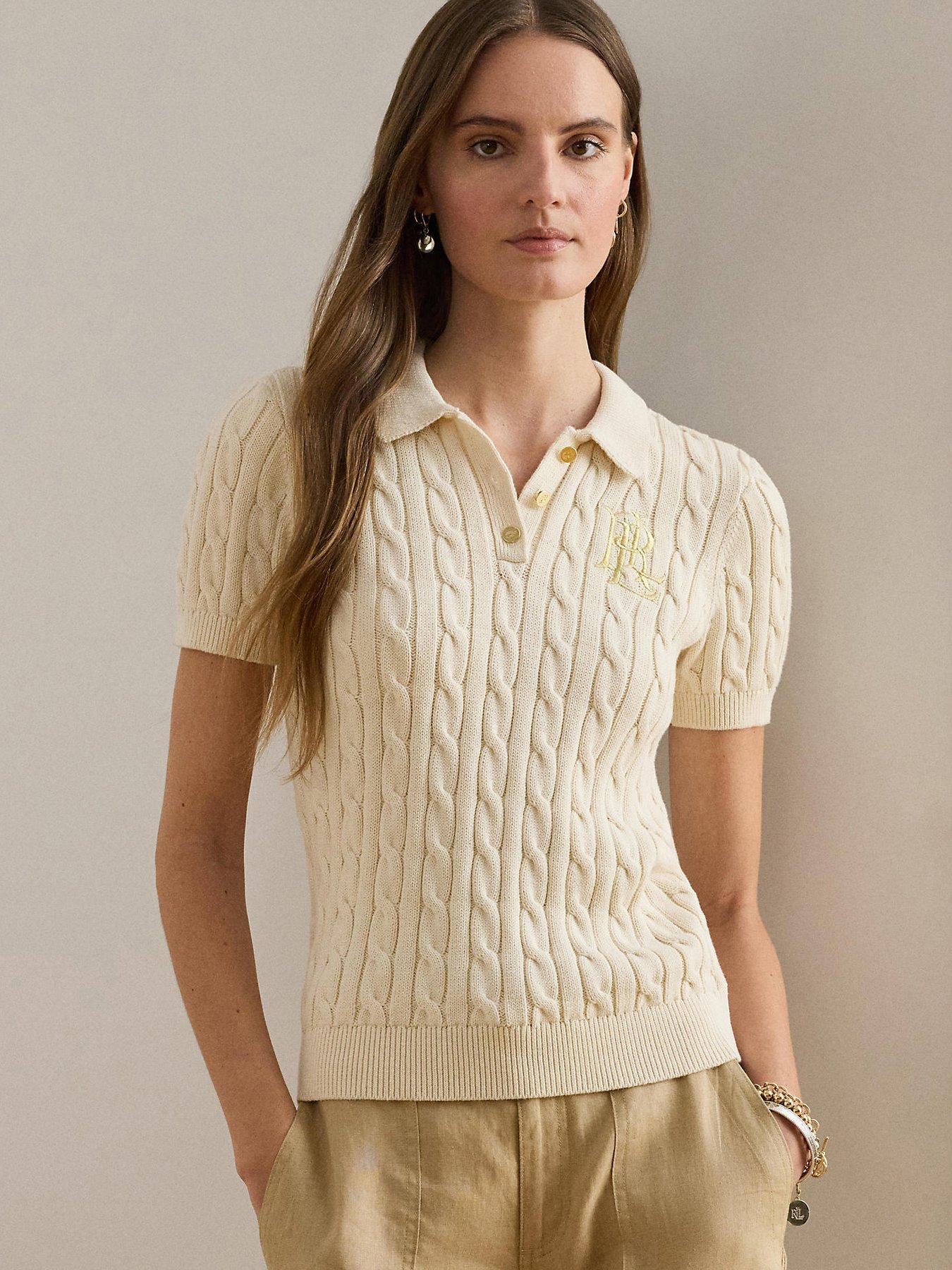 Lauren by Ralph Lauren Natrissa Short Sleeve Cable Knit Polo Shirt - White