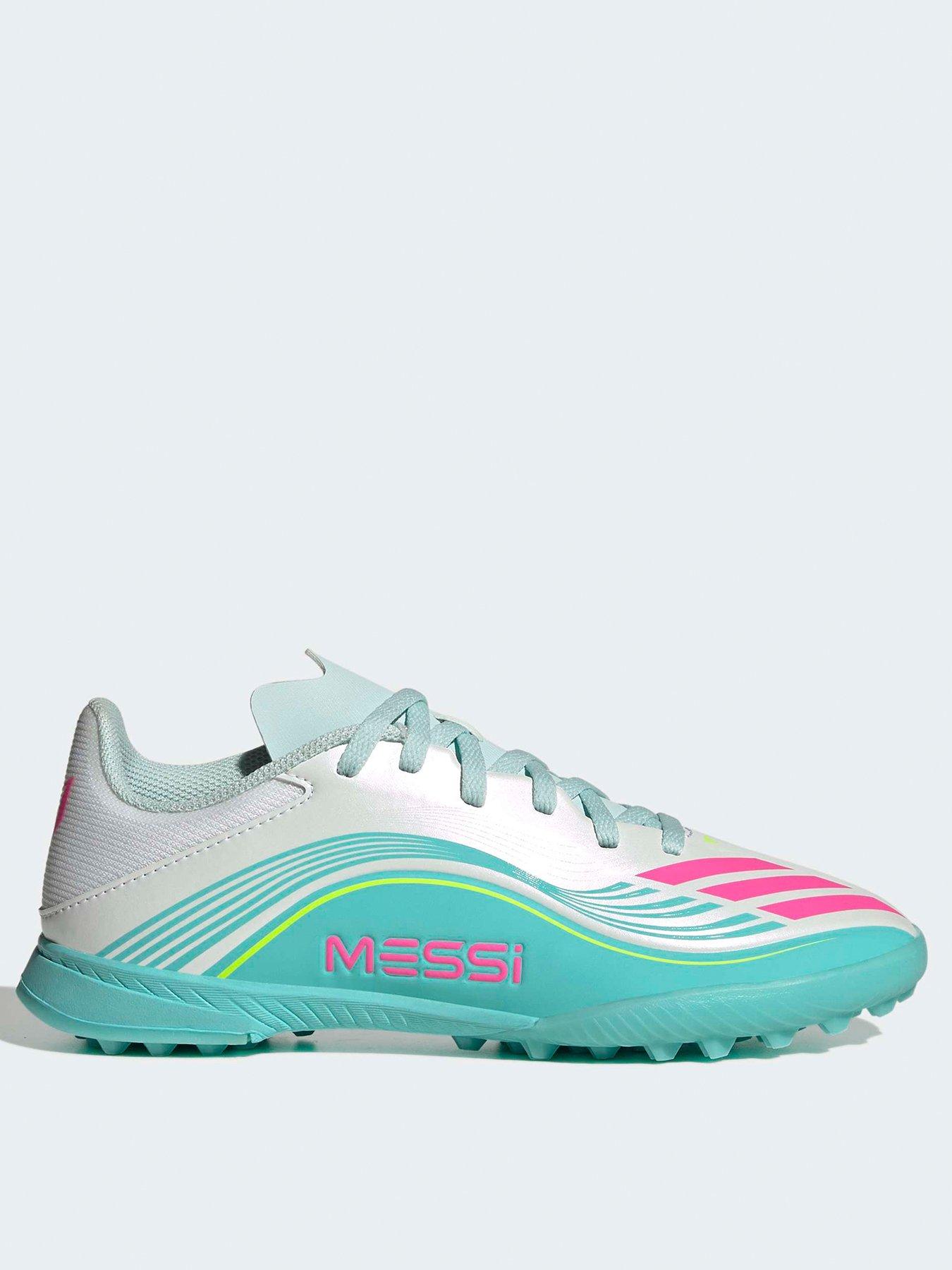 adidas Junior F50 Messi League Astro Turf Football Boots, Ftwwht/Lucpnk/Flaaqu, Size 2 Older
