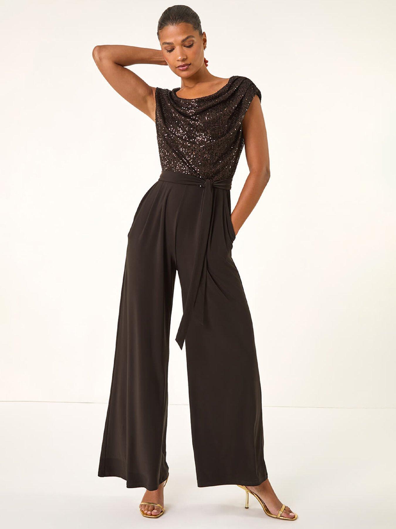Roman Sequin Bodice Cowl Neck Jumpsuit - Chocolate