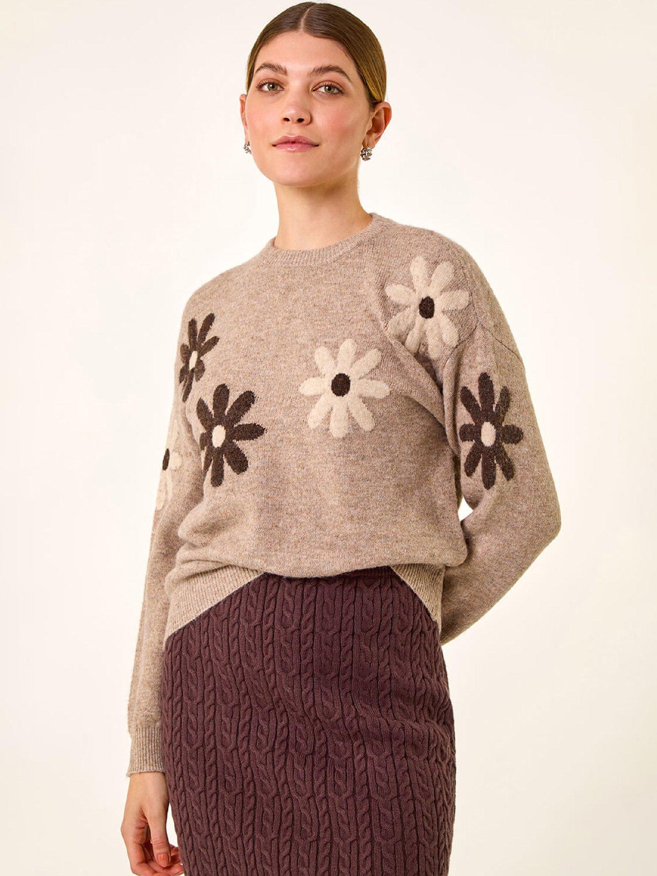Roman Floral Print Crew Neck Knit Jumper  - Beige