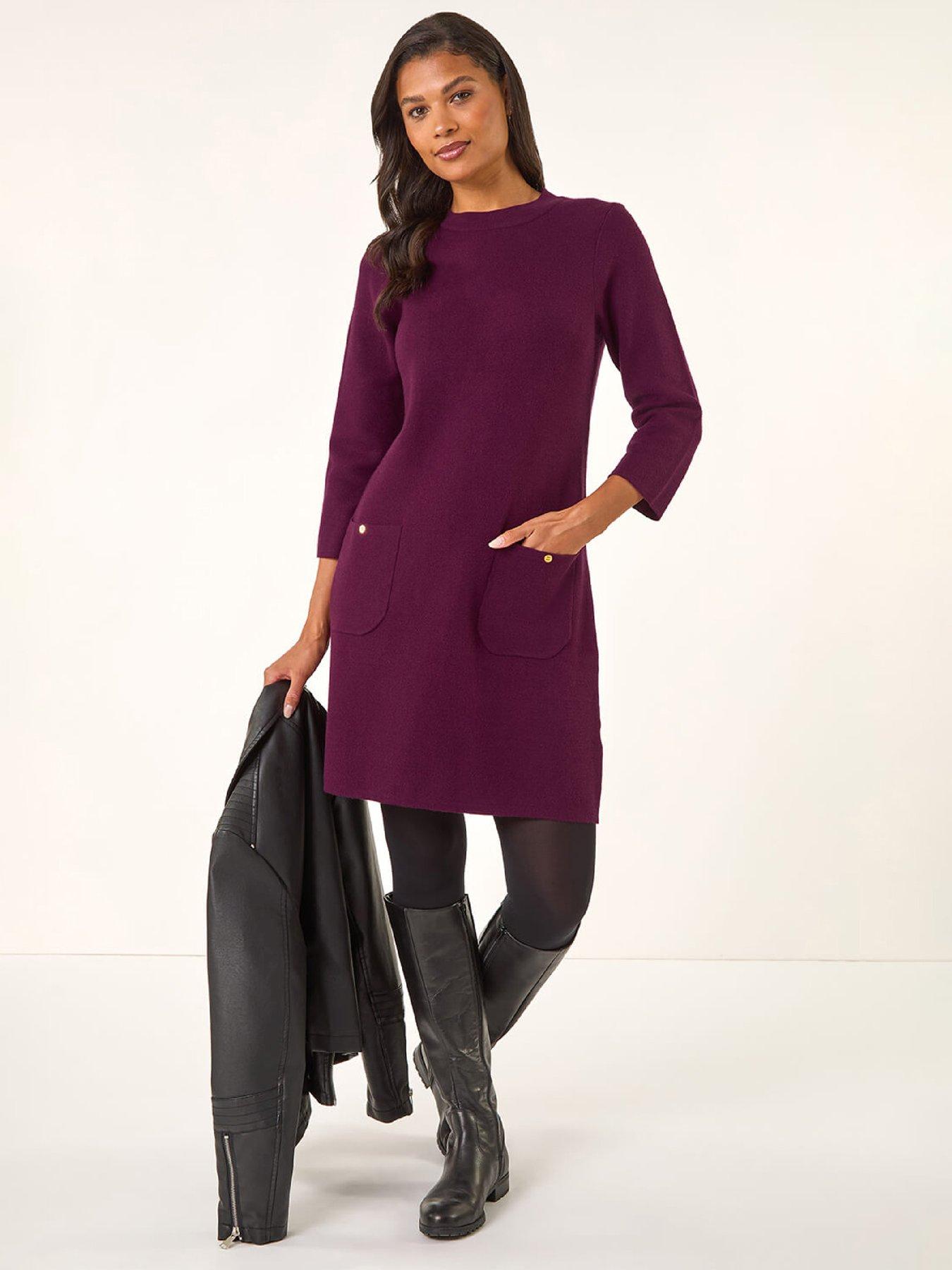 Roman Women Shift Dress with Pockets - Ladies Autumn Winter Tunic 3/4 Length Sleeve Knee Length Smart Casual Office Work Cocktail Party Round Neckline Comfy Soft - Image 3