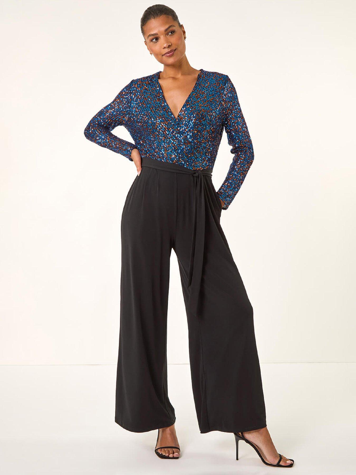 Roman Sequin Wrap V-Neck Stretch Jumpsuit - Royal Blue