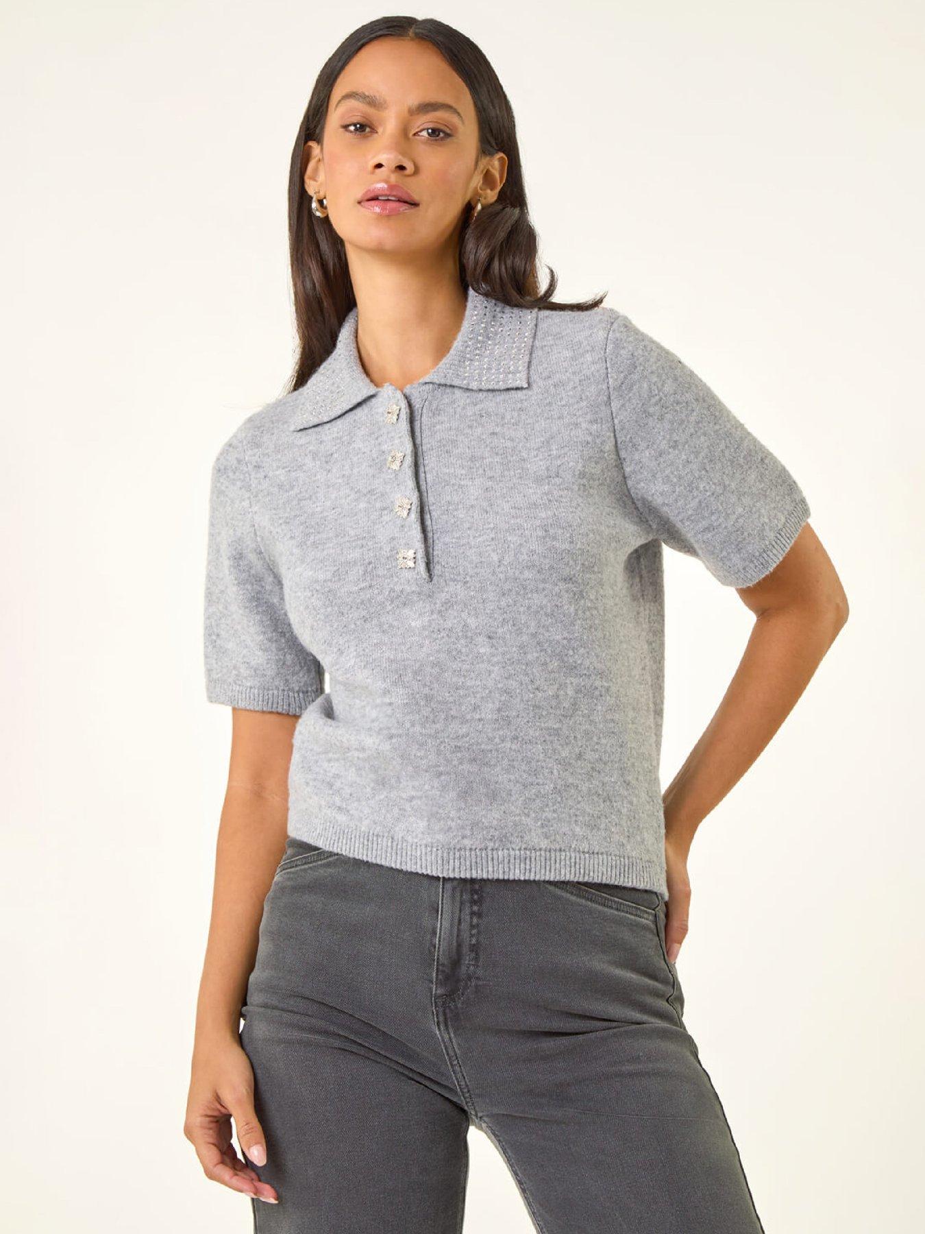 Roman Dusk Embellished Knit Collared Top - Grey