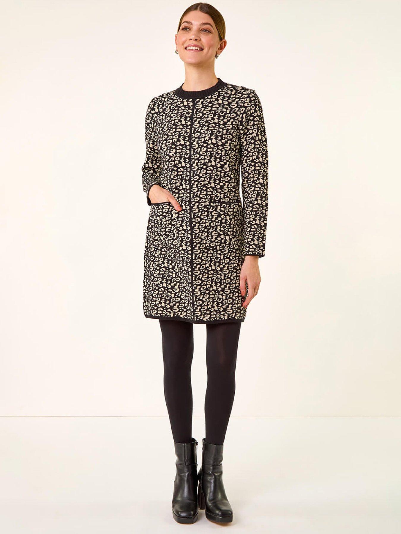 Image 1 of 5 of Roman Animal Print Knitted Shift Dress - Black