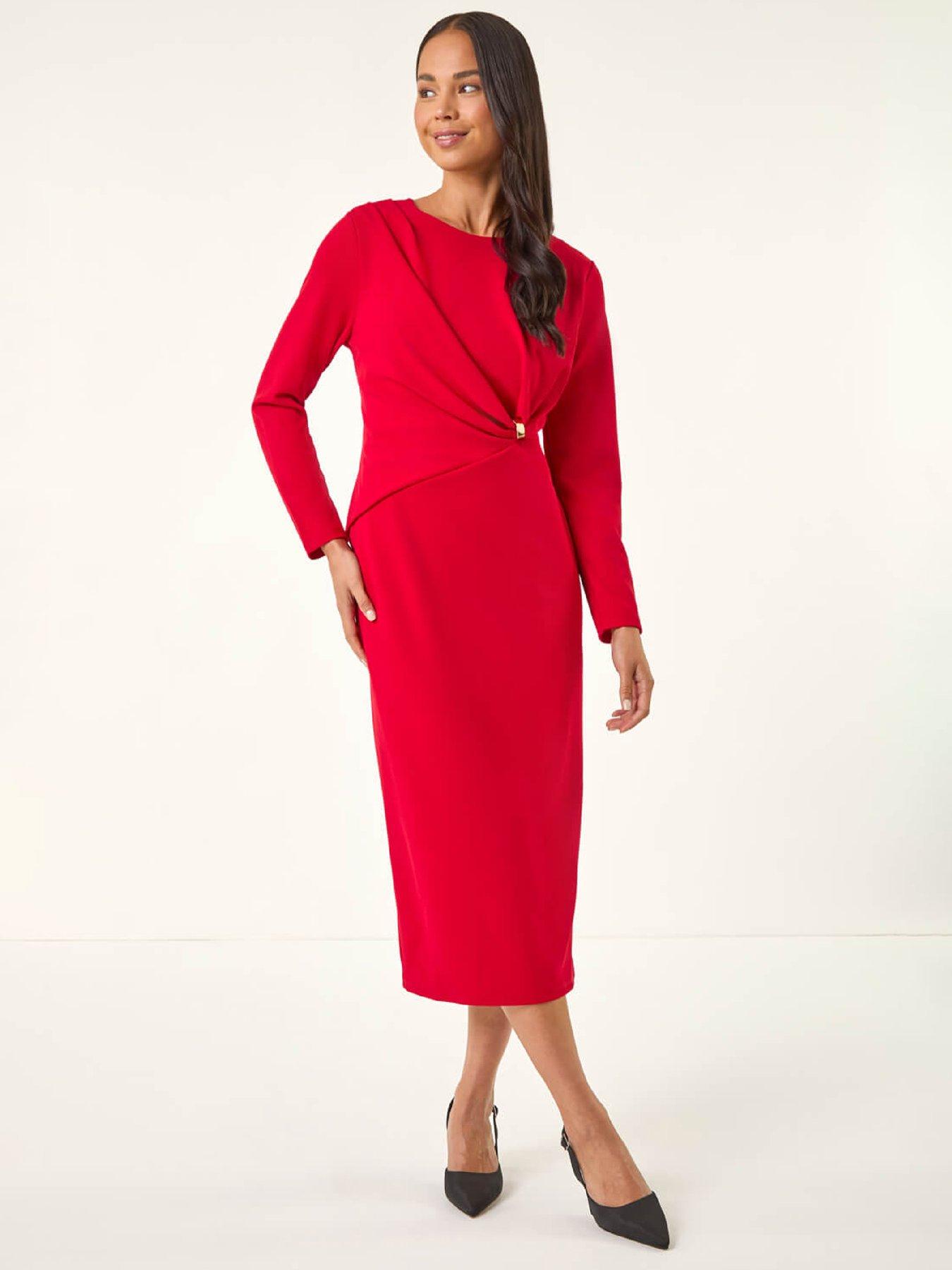 Roman Petite Gathered Stretch Midi Dress - Red
