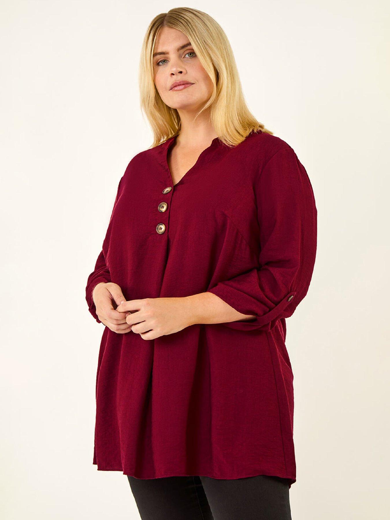 Image 1 of 5 of Roman Curve Textured Buttoned Tunic Top - Wine