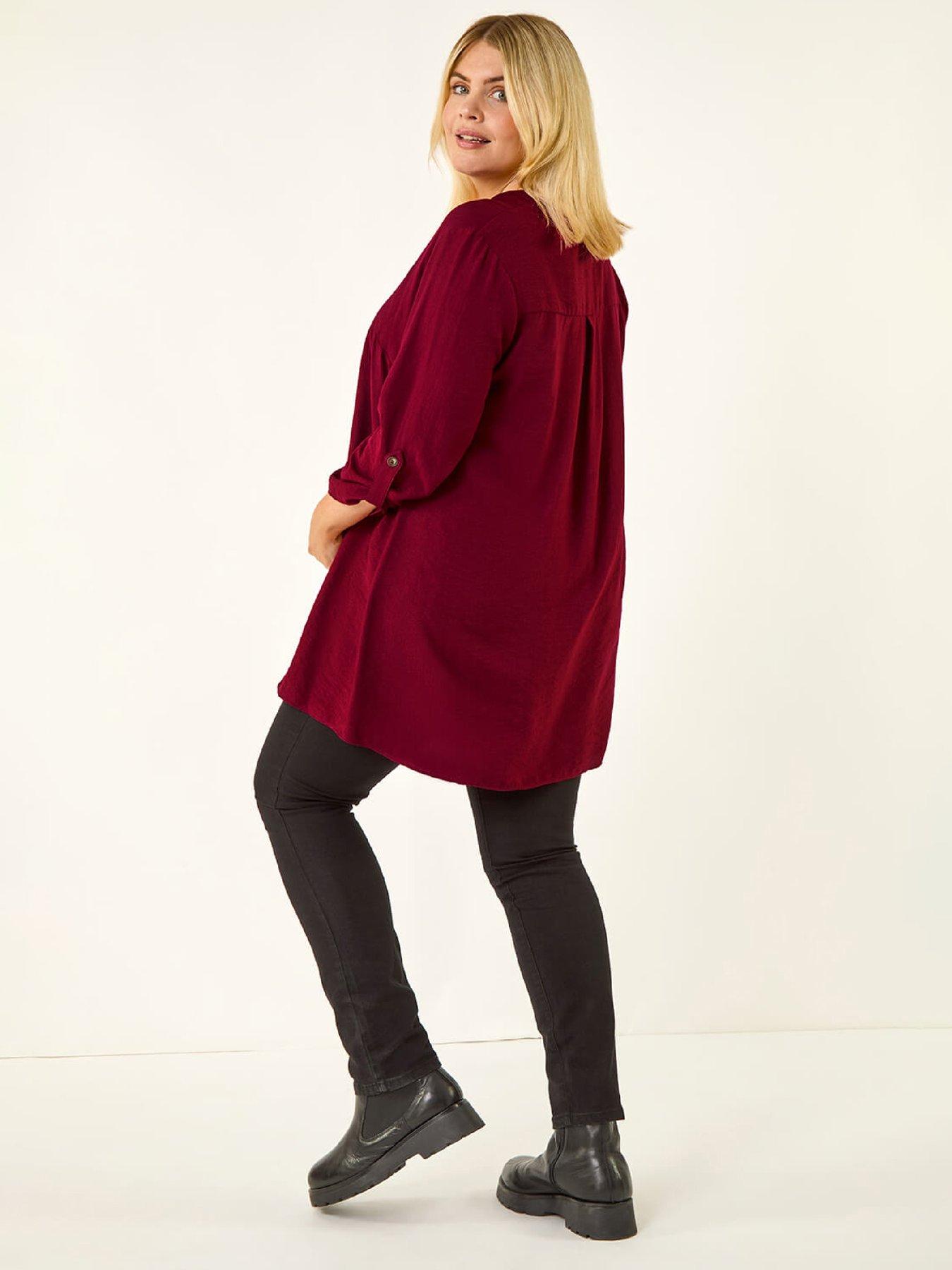Image 2 of 5 of Roman Curve Textured Buttoned Tunic Top - Wine
