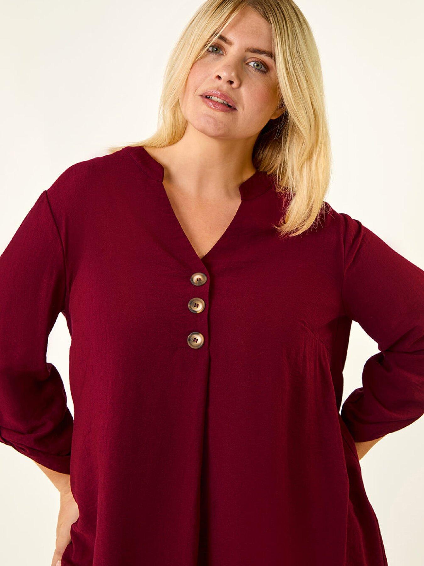 Image 4 of 5 of Roman Curve Textured Buttoned Tunic Top - Wine