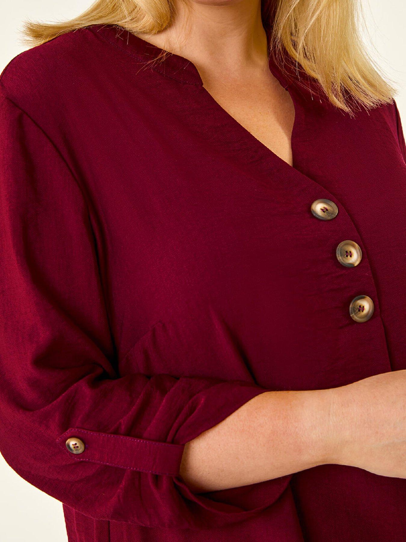 Image 5 of 5 of Roman Curve Textured Buttoned Tunic Top - Wine