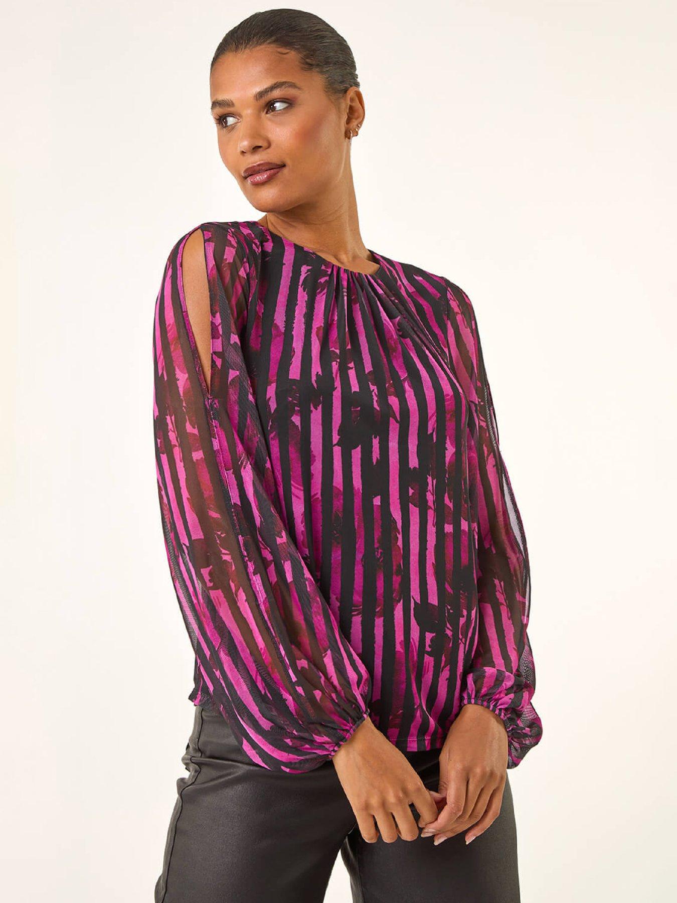 Image 1 of 5 of Roman Strip Print Mesh Overlay Top - Pink