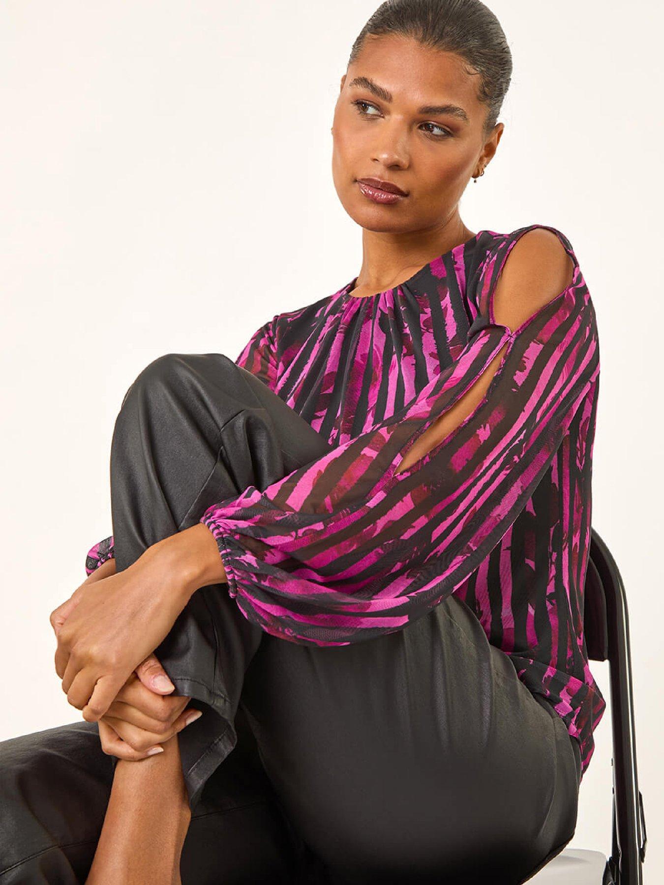 Image 4 of 5 of Roman Strip Print Mesh Overlay Top - Pink