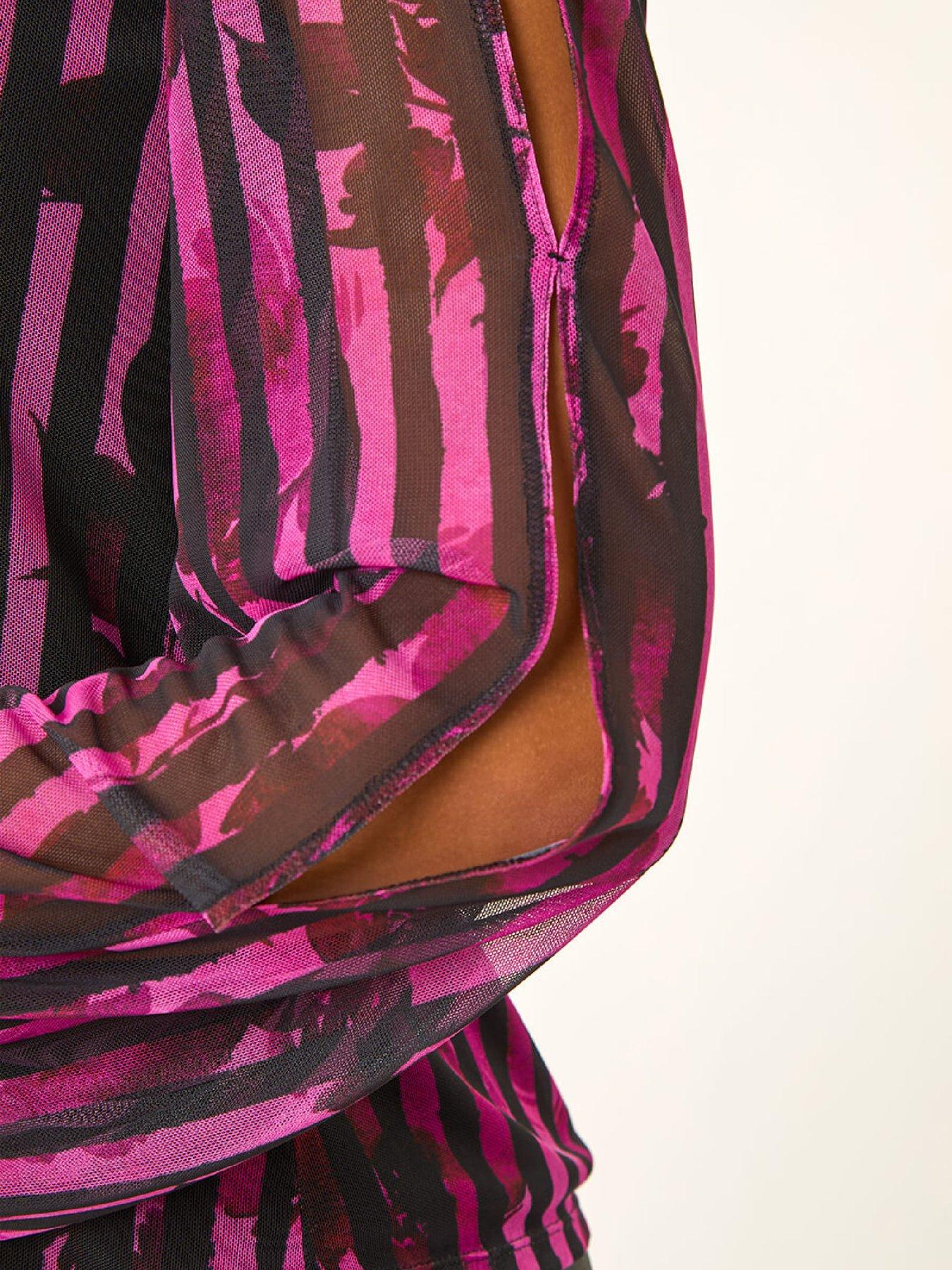 Image 5 of 5 of Roman Strip Print Mesh Overlay Top - Pink