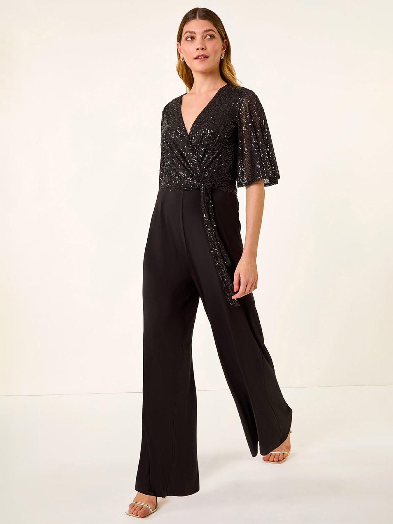 Roman Sequin Flutter Sleeve Stretch Jumpsuit - Black