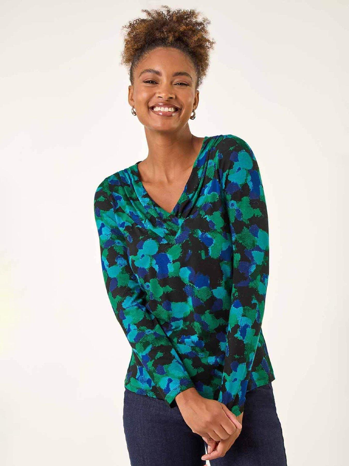 Roman Printed V-Neck Stretch Top, Green, Size 12, Women