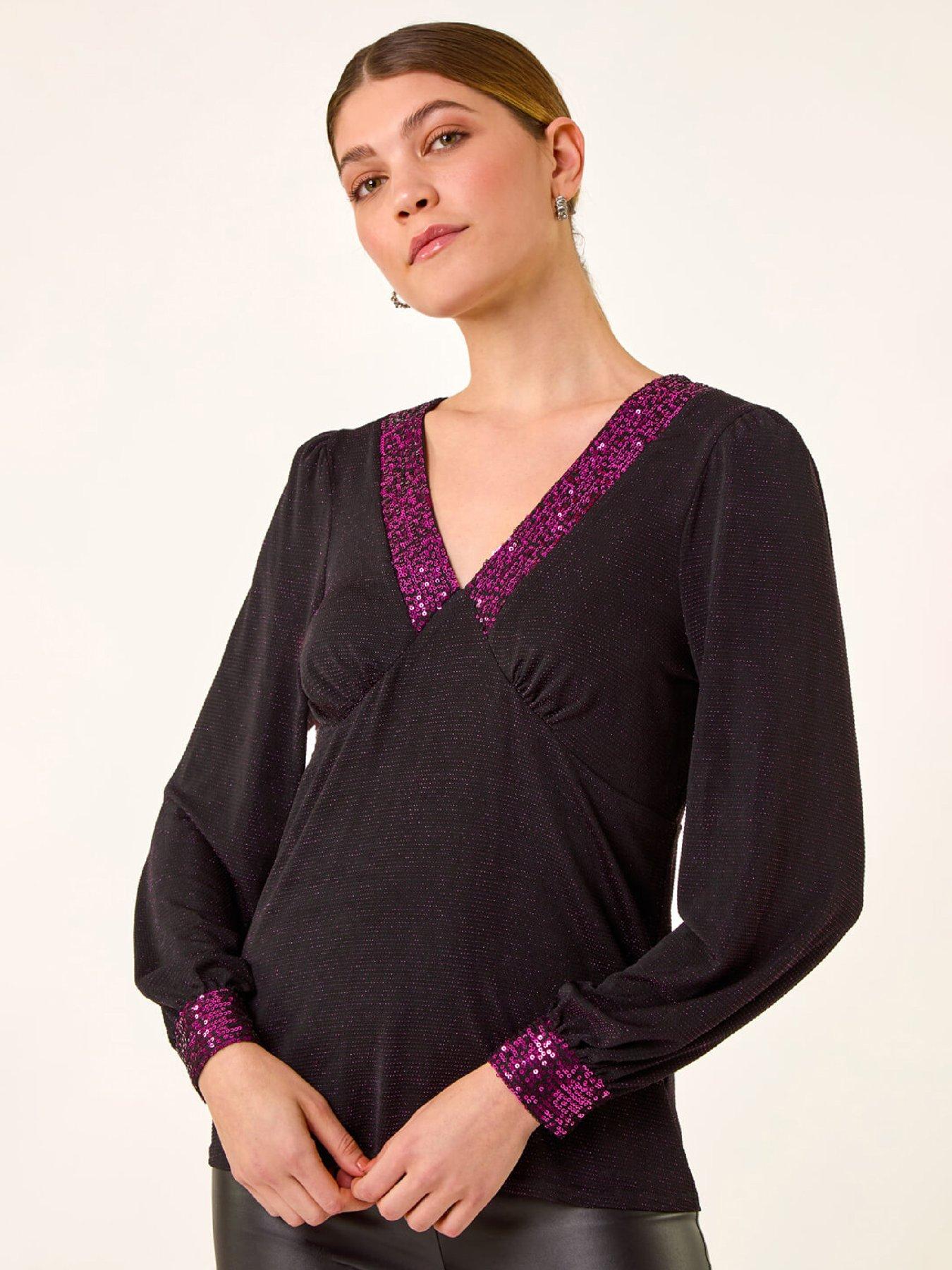 Image 1 of 5 of Roman Brillo Sequin V-Neck Top - Fuchsia