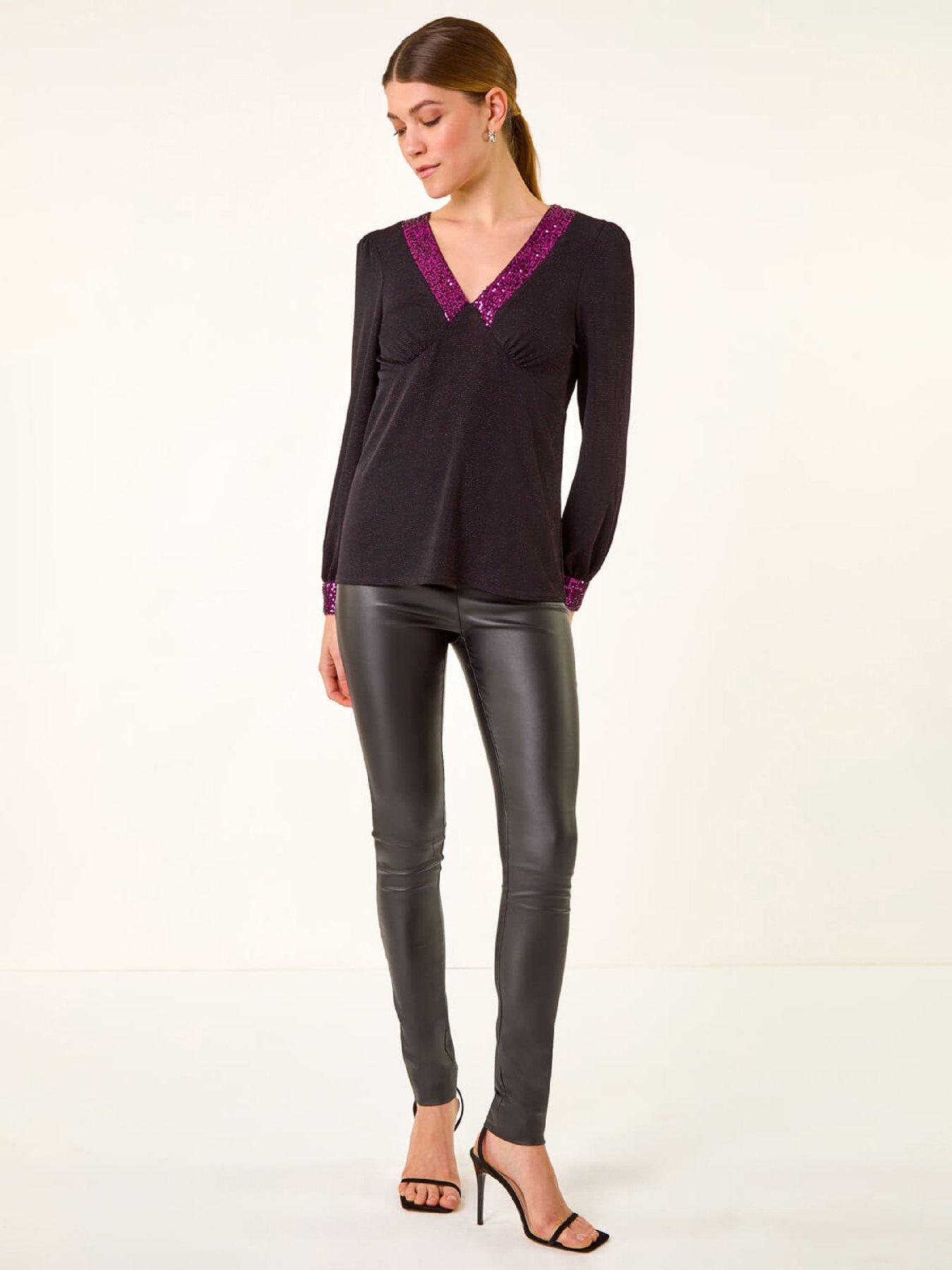 Image 3 of 5 of Roman Brillo Sequin V-Neck Top - Fuchsia