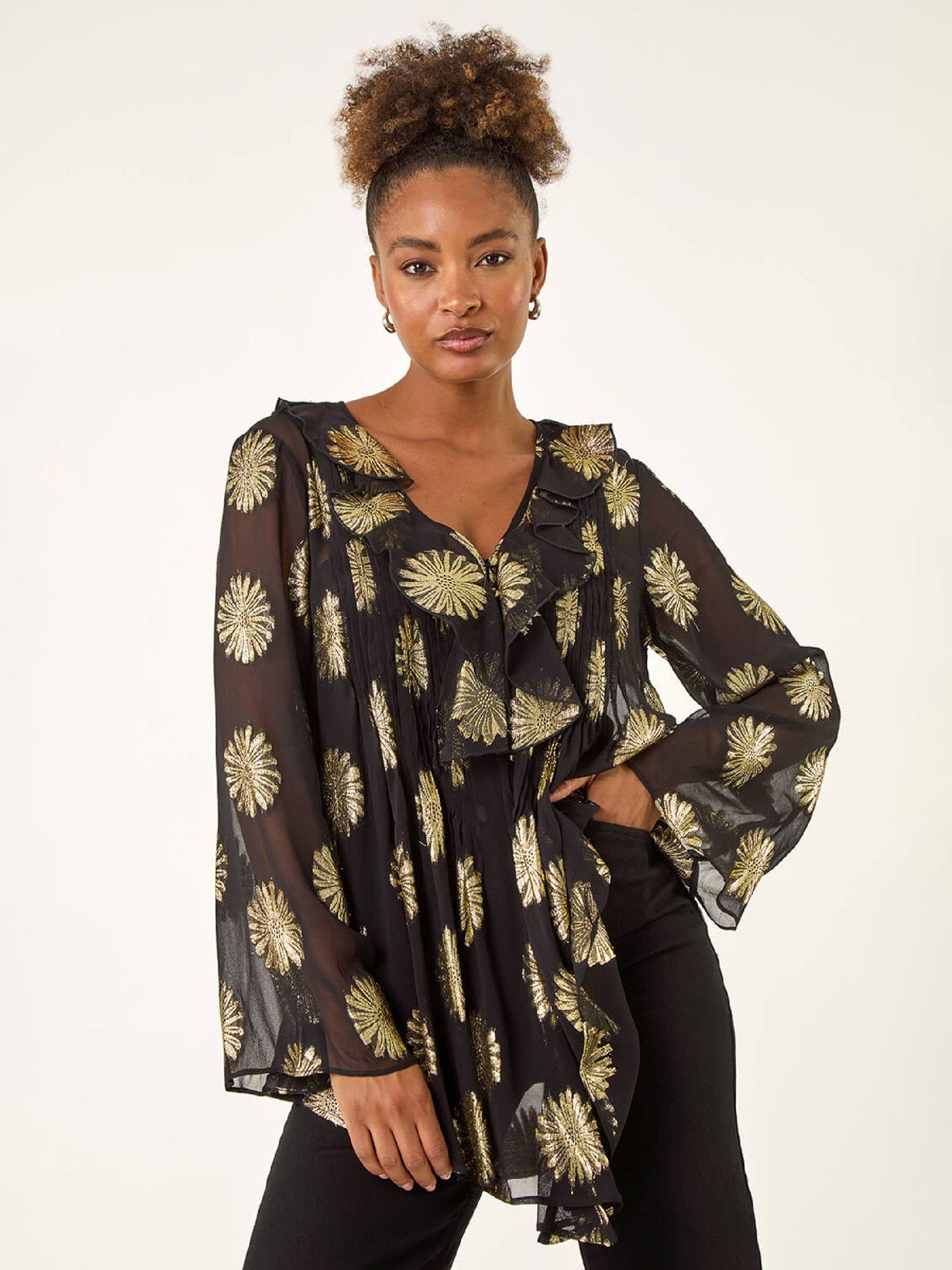 Roman Women's Black Floral Jacquard Frill Buttoned Blouse In Size 10 - Image 2