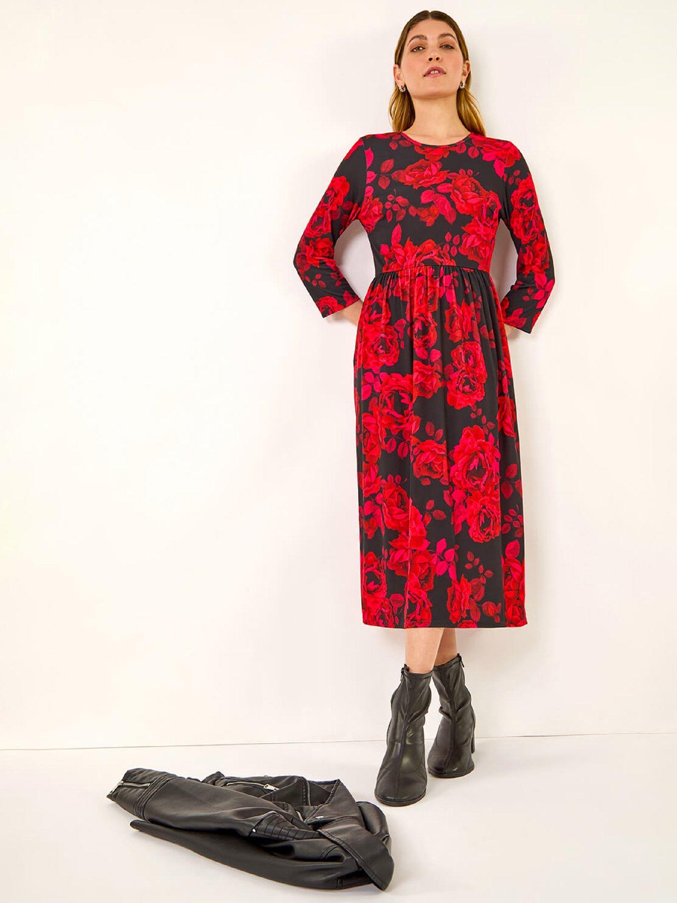 Roman Rose Print Gathered Stretch Midi Dress - Red