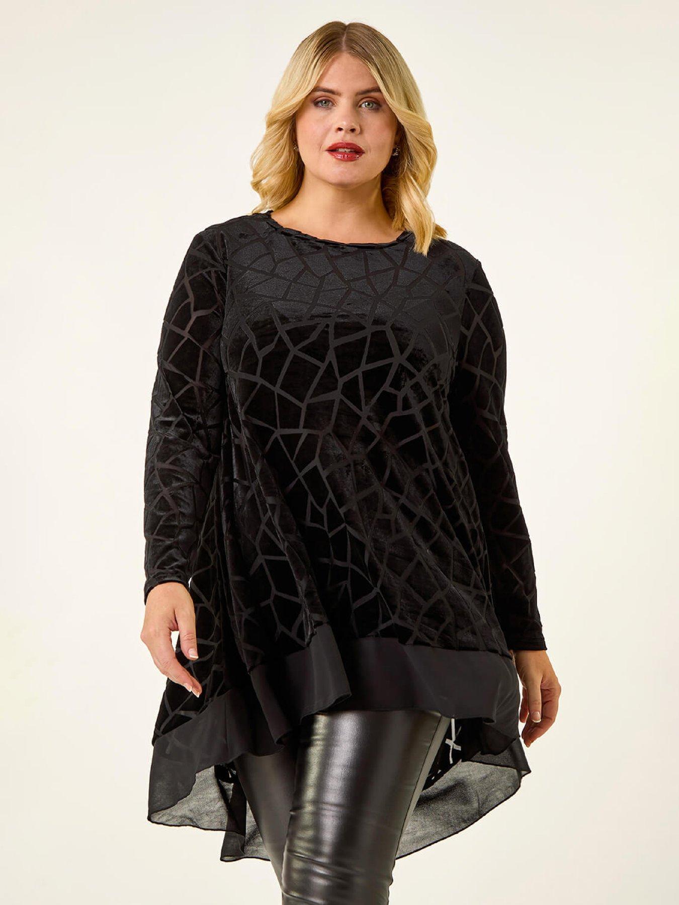 Roman Curve Velvet Chiffon Hem Top - Black