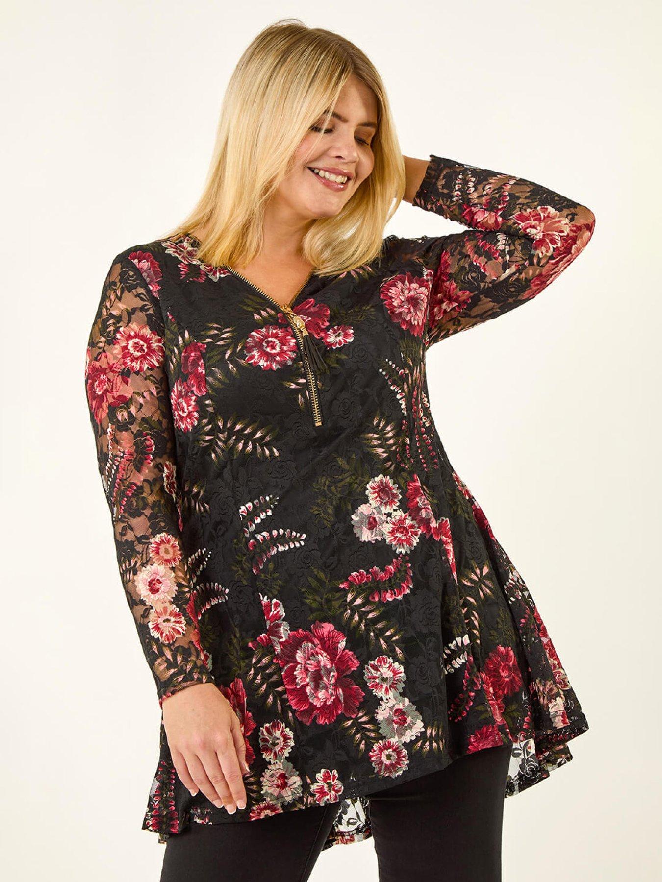 Roman Curve Zip Front Floral Lace Top - Black