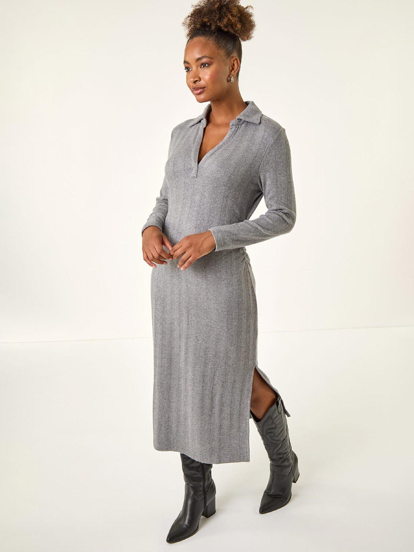 Roman Collar Ribbed Knit Miid Dress - Grey