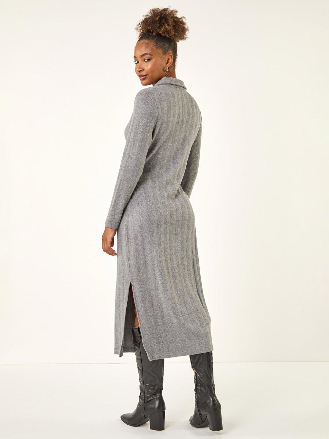 Roman Collar Ribbed Knit Mid Dress - Grey | Very