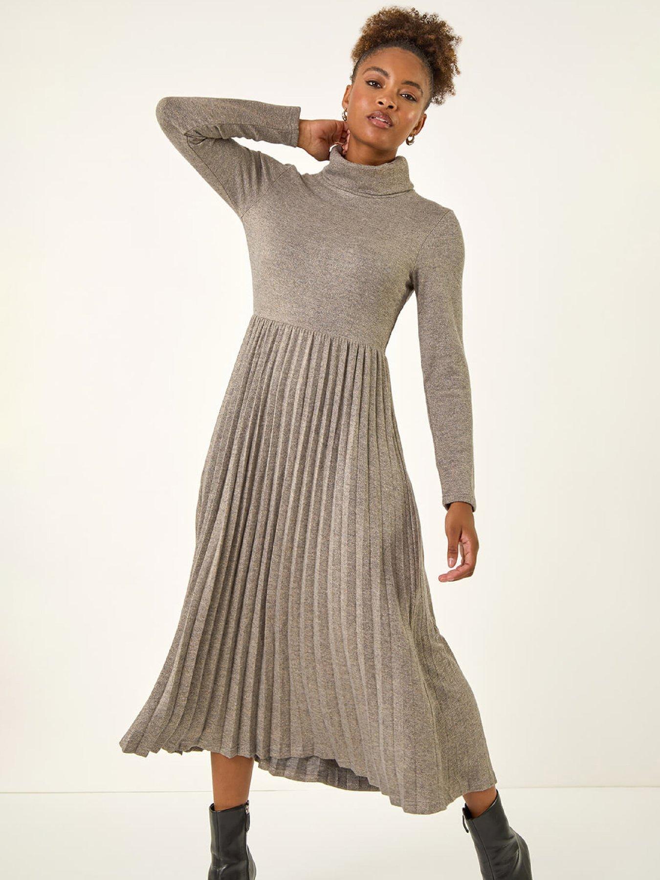 grey pleated midi dress Midi Dress With Shoulder Pleat Detail - Dark Grey - 2 - Massimo Dutti