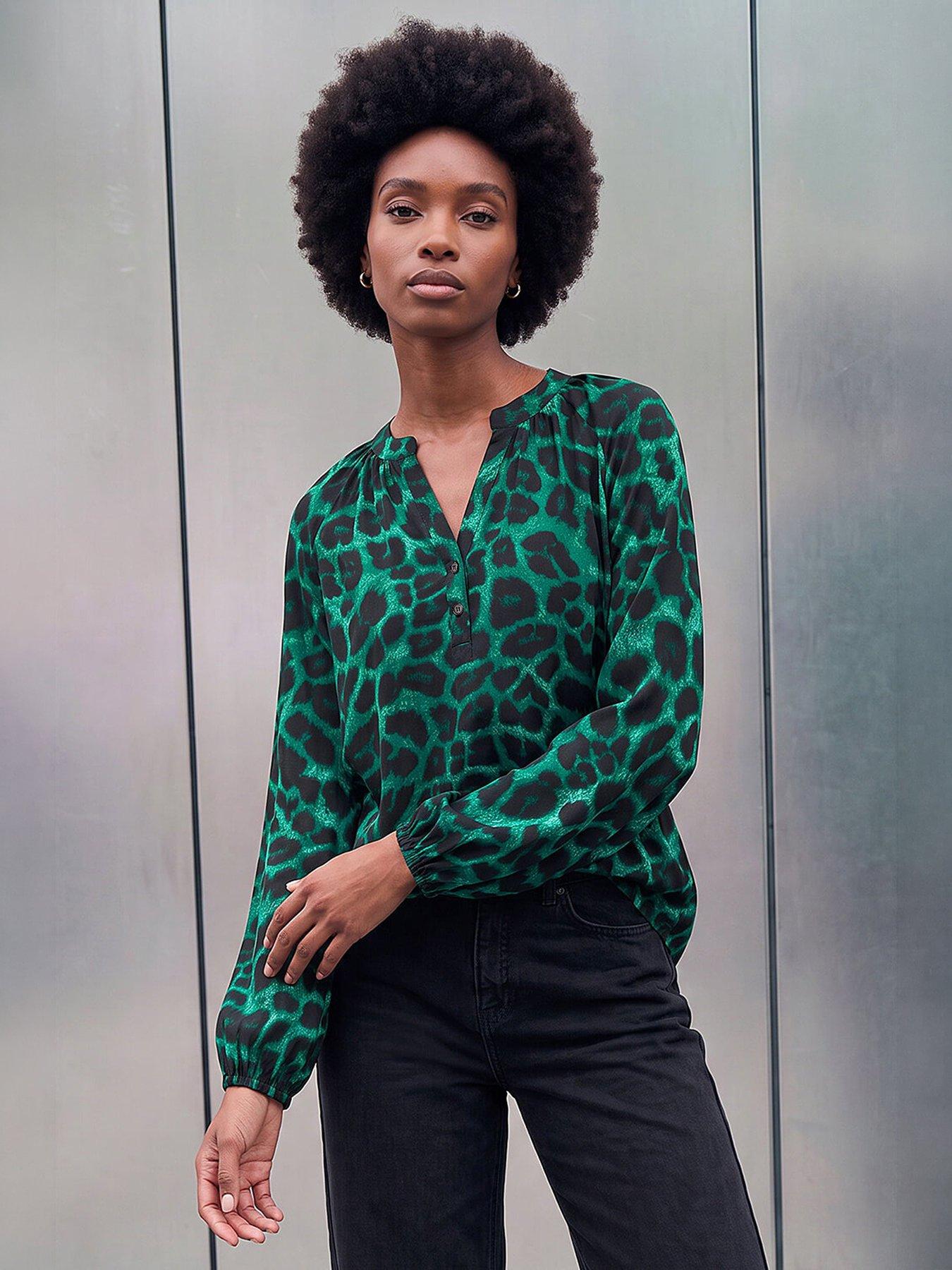 Roman Animal Print V-Neck Top - Green - Image 3