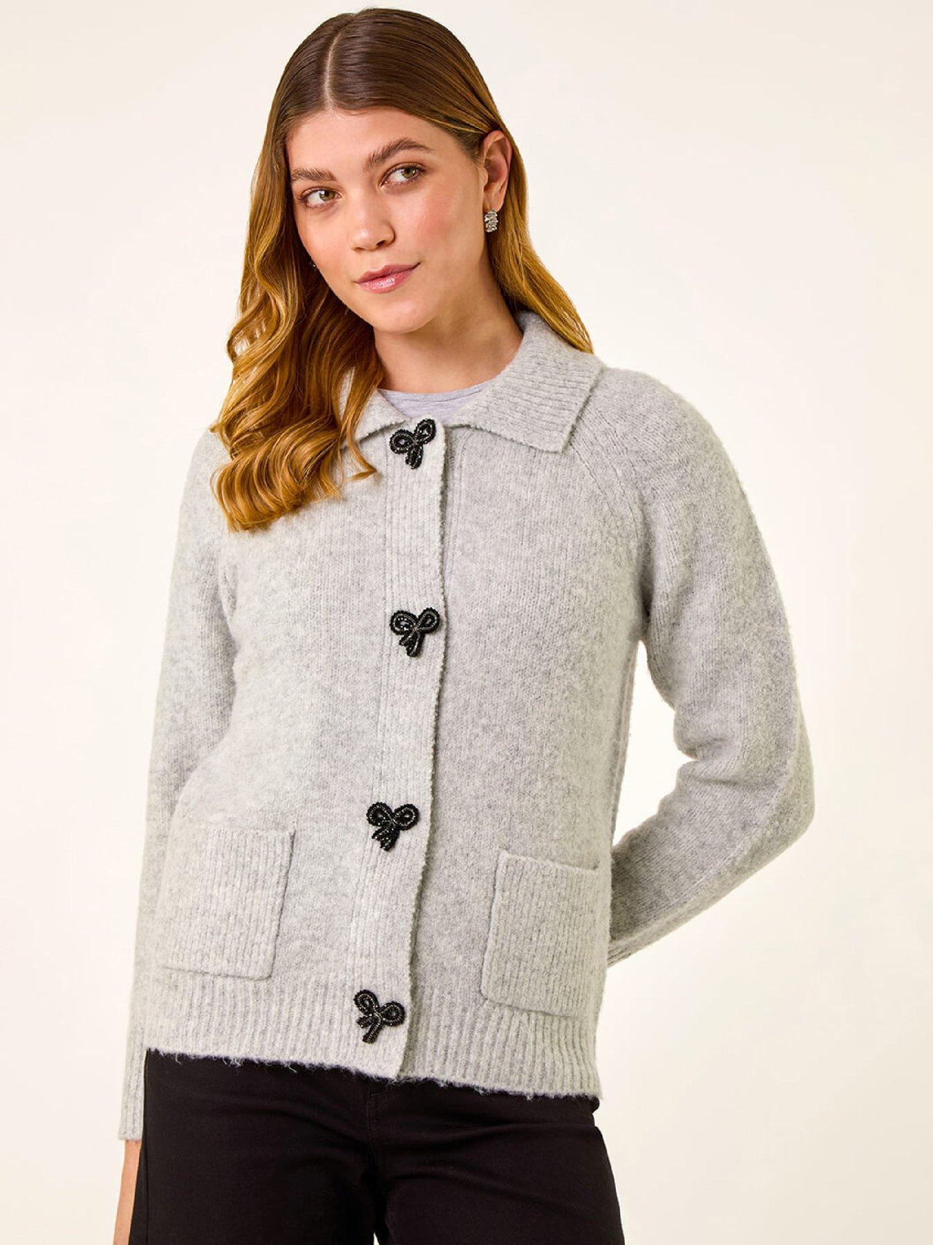 Roman Bow Buttoned Collared Cardigan - Grey