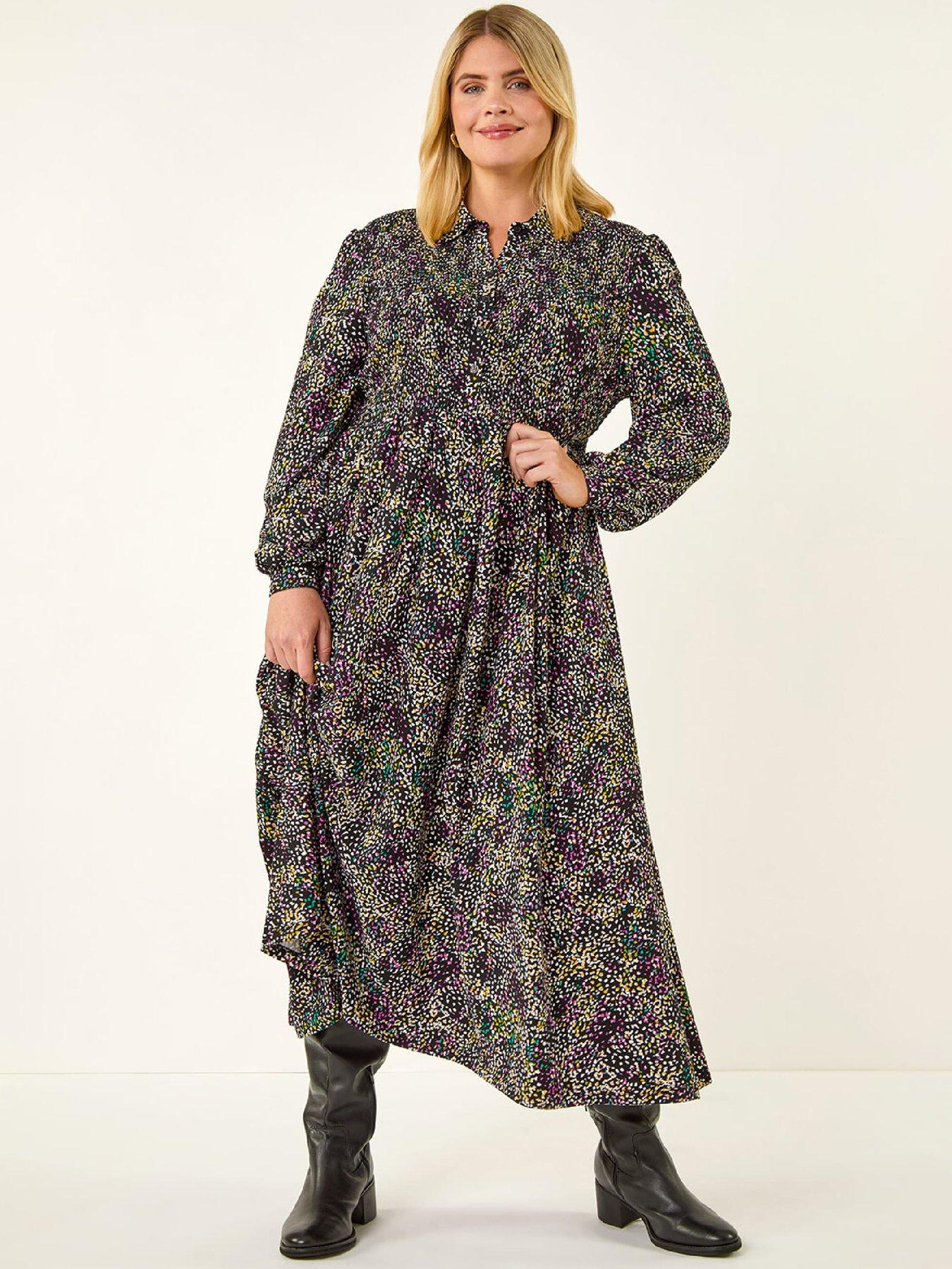 Roman Curve Abstract Print Shirred Midi Dress, Purple, Size 20, Women