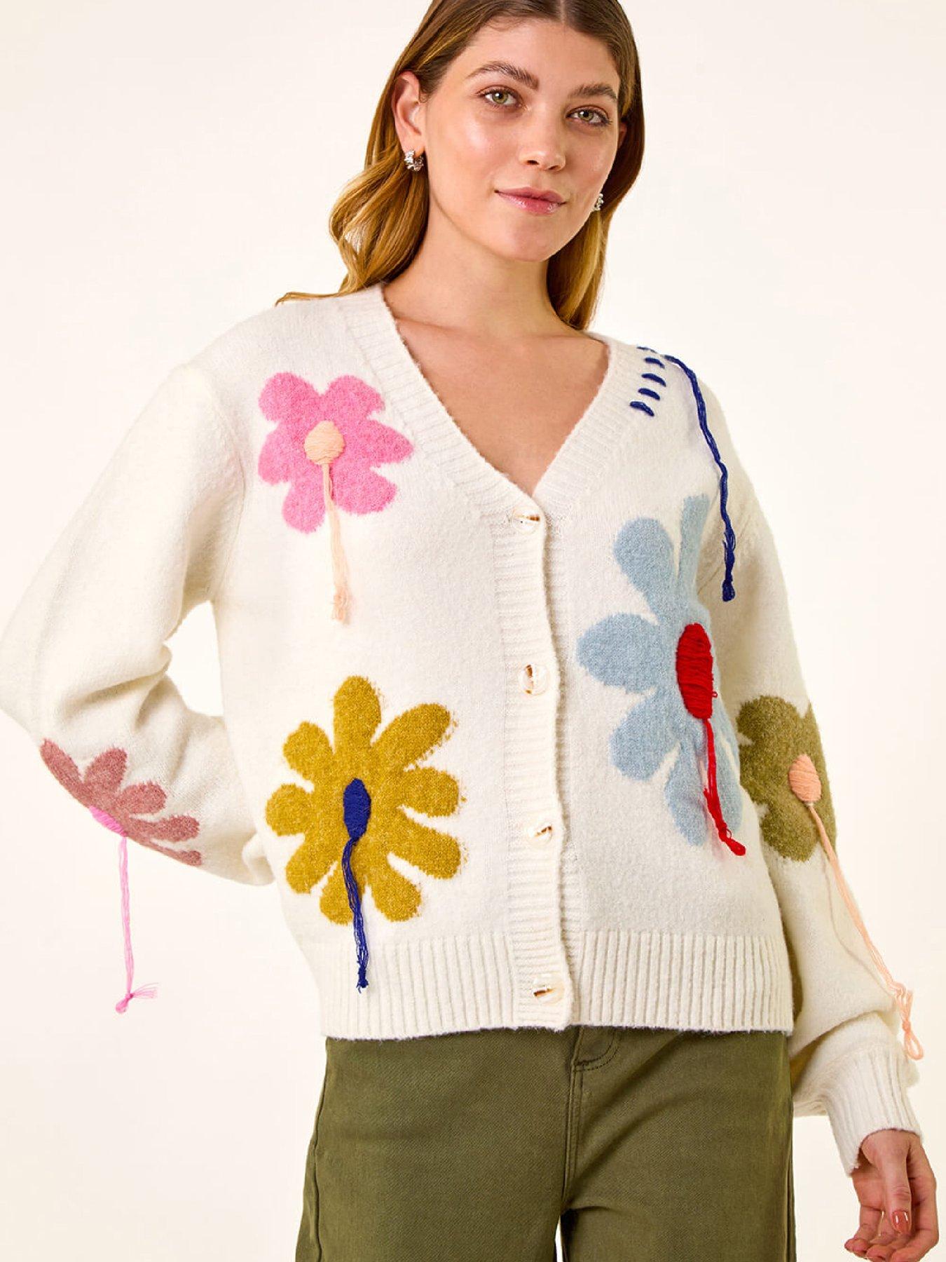 Image 1 of 5 of Roman Floral Stitch Knit Cardigan - Ivory