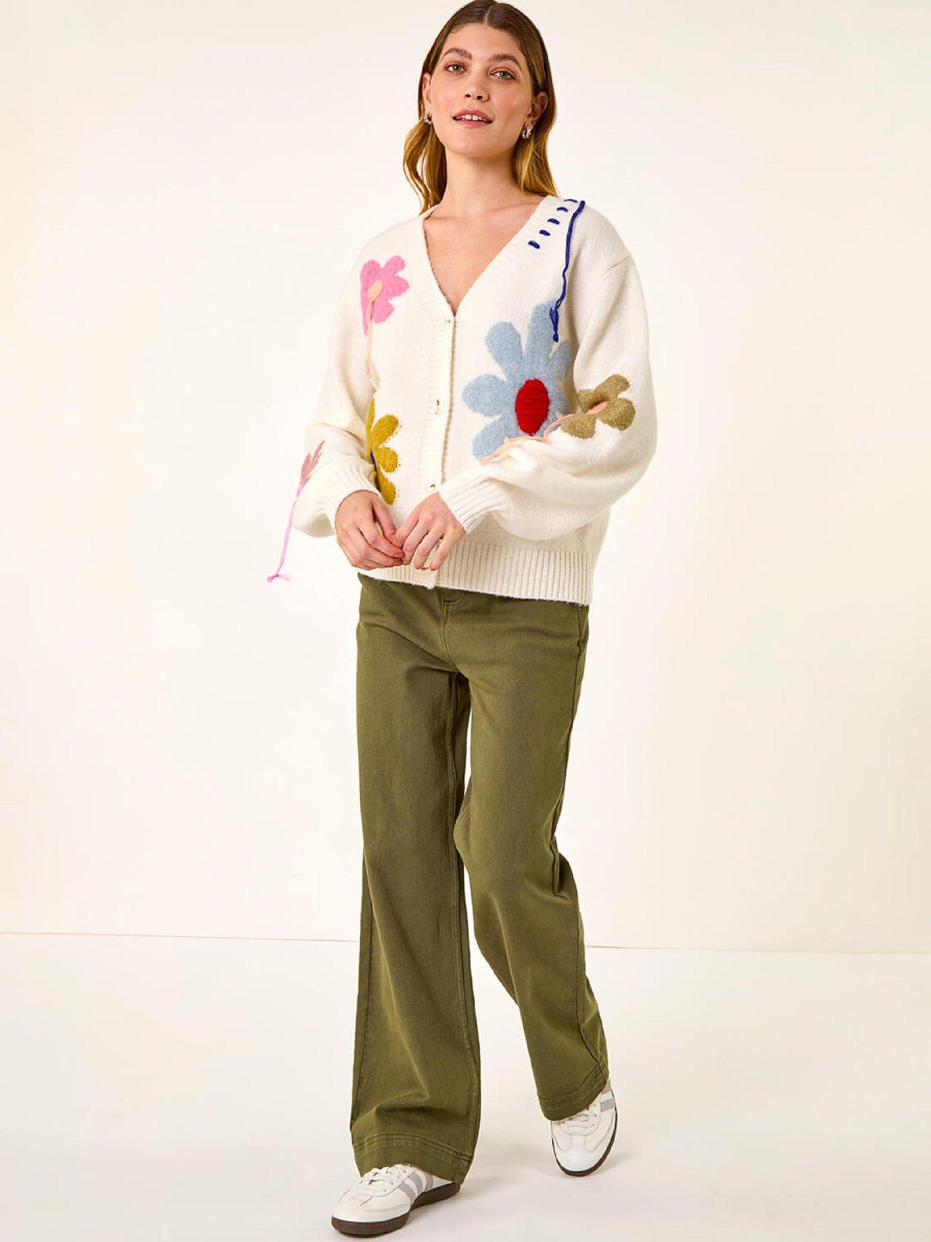 Image 3 of 5 of Roman Floral Stitch Knit Cardigan - Ivory