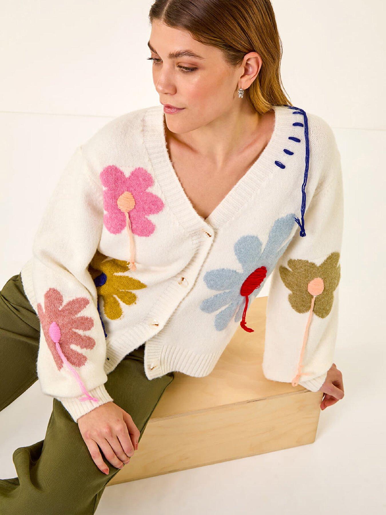 Image 4 of 5 of Roman Floral Stitch Knit Cardigan - Ivory