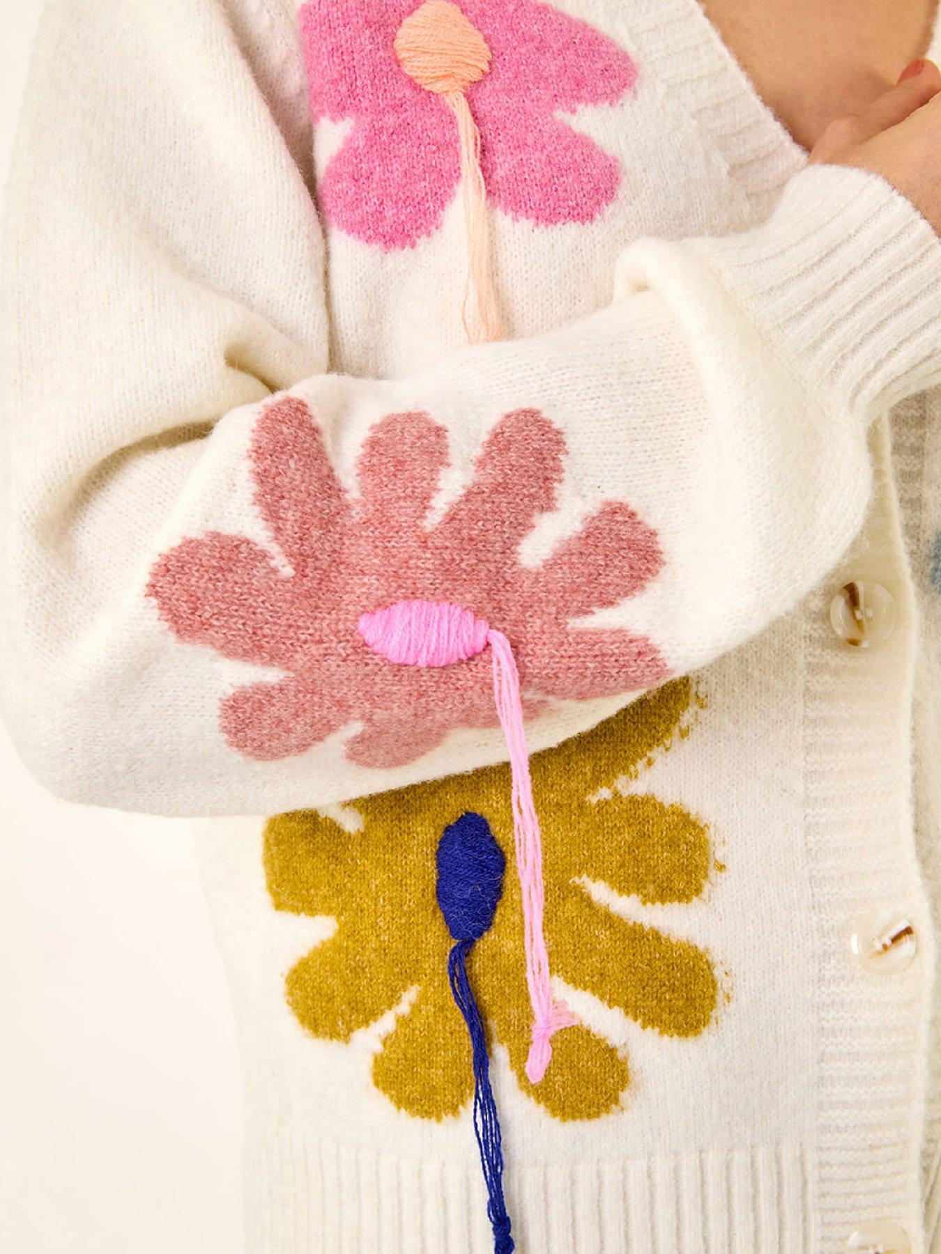 Image 5 of 5 of Roman Floral Stitch Knit Cardigan - Ivory