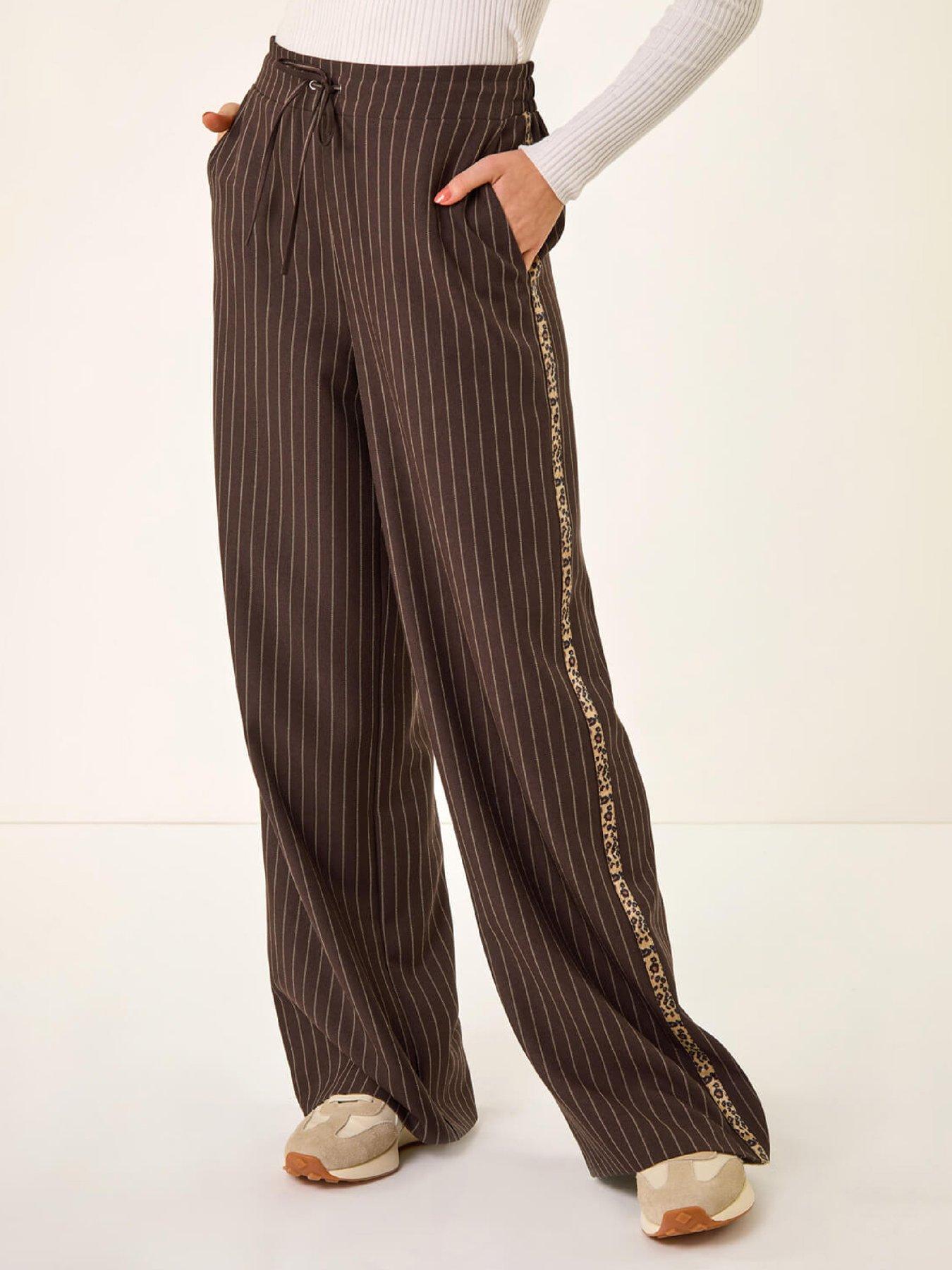 Roman Stripe Animal Trim Stretch Trouser - Chocolate