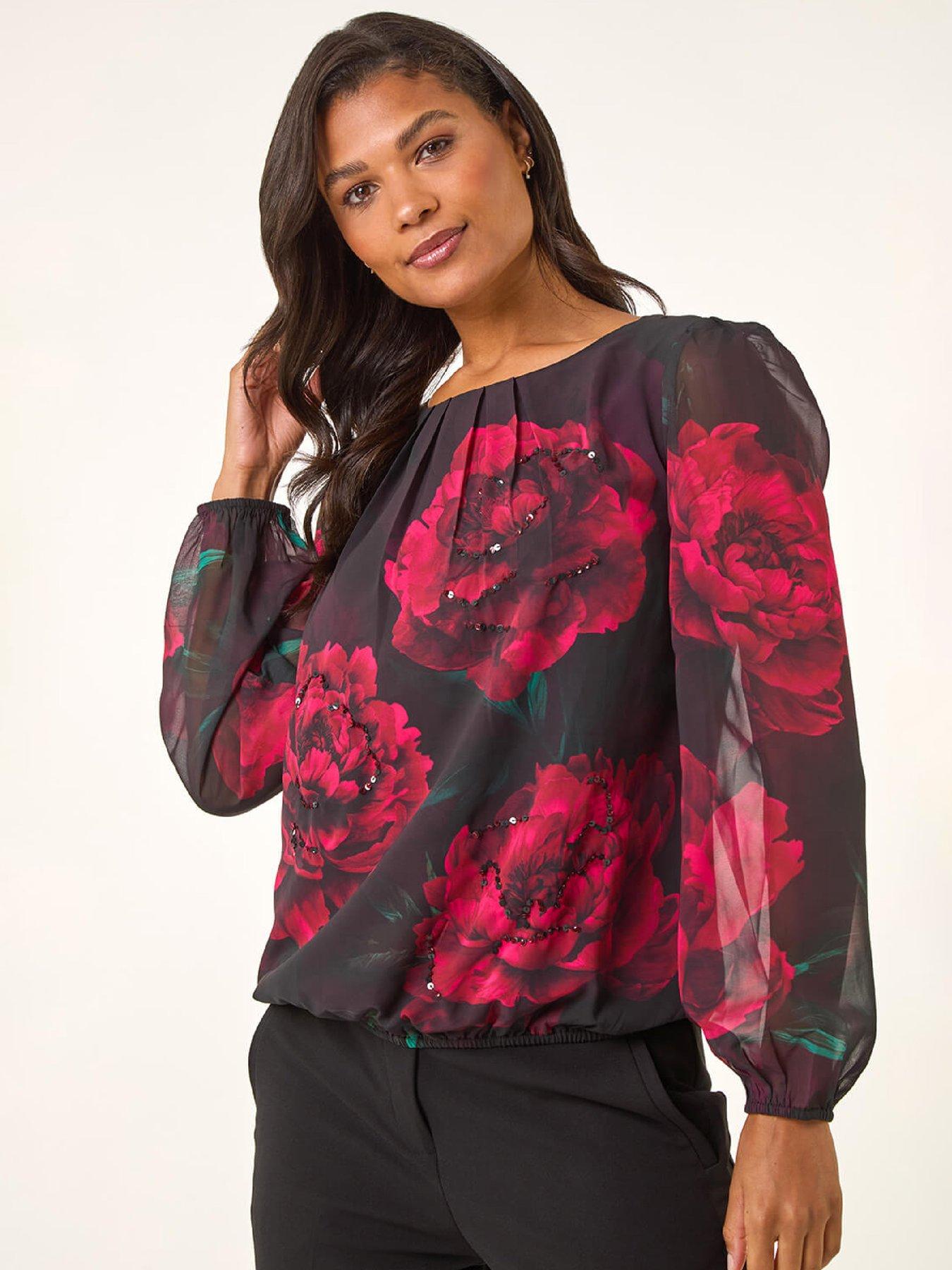 Image 1 of 5 of Roman Floral Print Sequin Top - Red