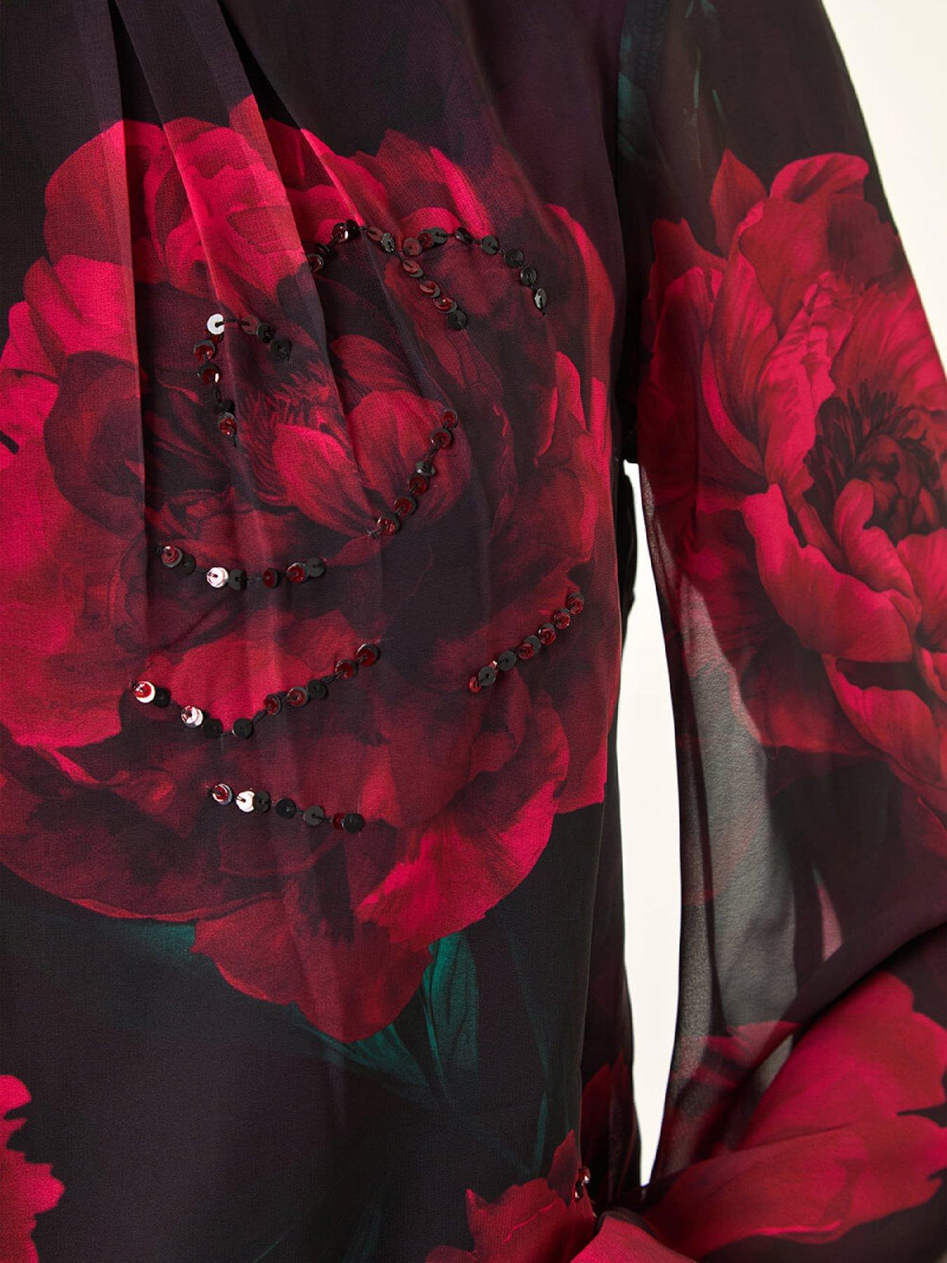 Image 5 of 5 of Roman Floral Print Sequin Top - Red