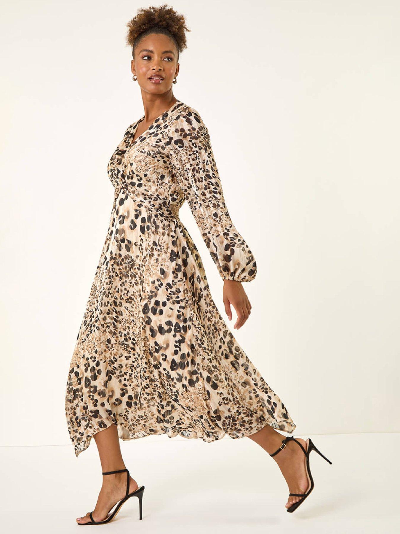 Roman Animal Print Twist Front Dress, Beige, Size 12, Women