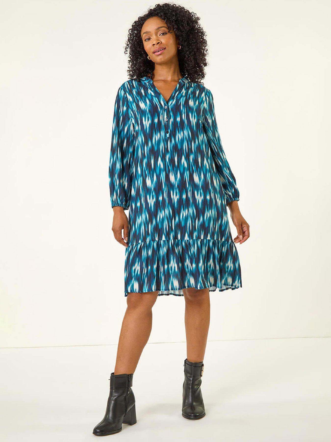 Roman Petite Ikat Print Tiered Hem Dress - Teal