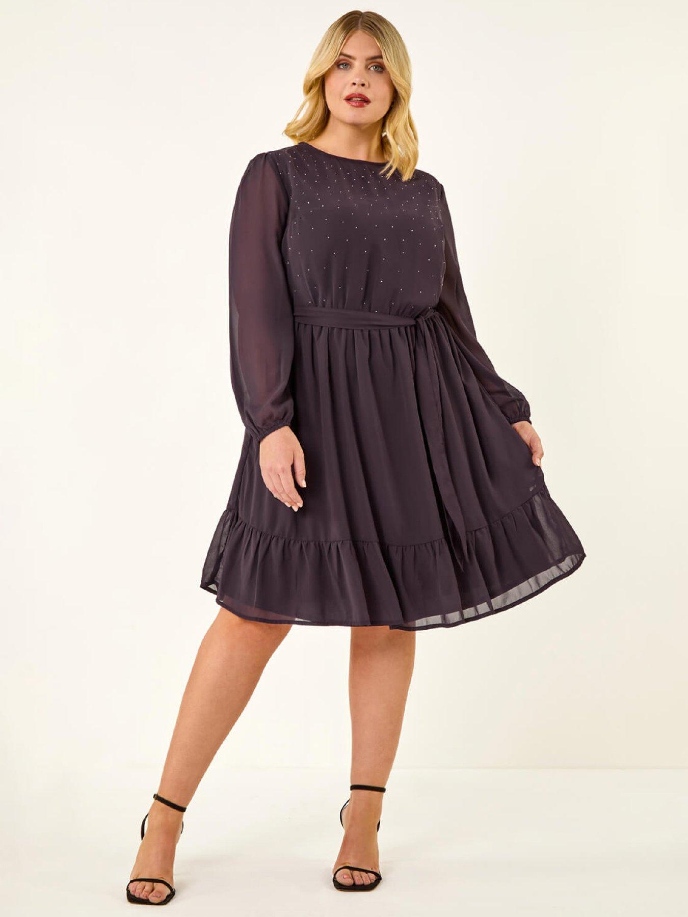 Roman Curve Hotfix Tie Waist Midi Dress - Plum