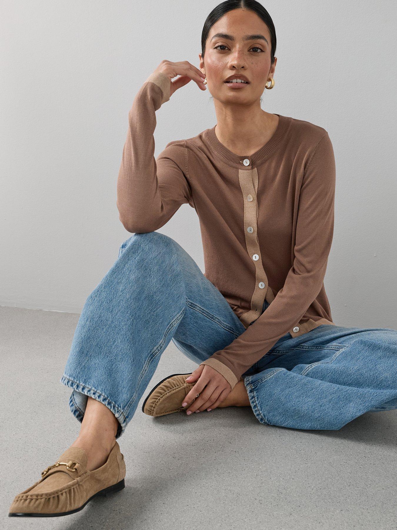 The Very Collection Crew Neck Contrast Edge Cardigan - Brown