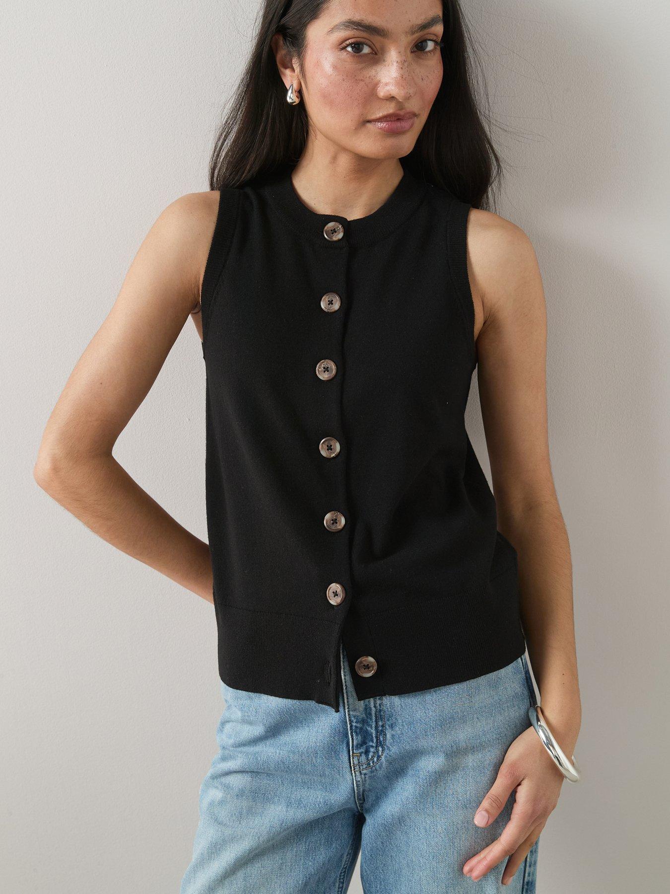 The Very Collection: Classic Comfort Button Through Sleeveless Tank - Black