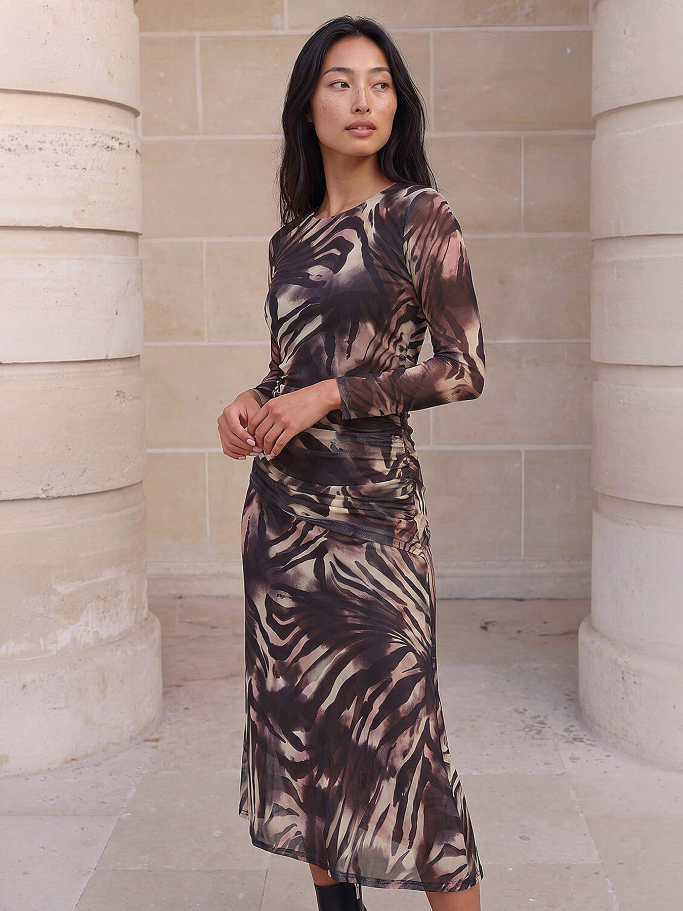 Roman Petite Animal Print Mesh Ruched Midi Dress, Black, Size 10, Women
