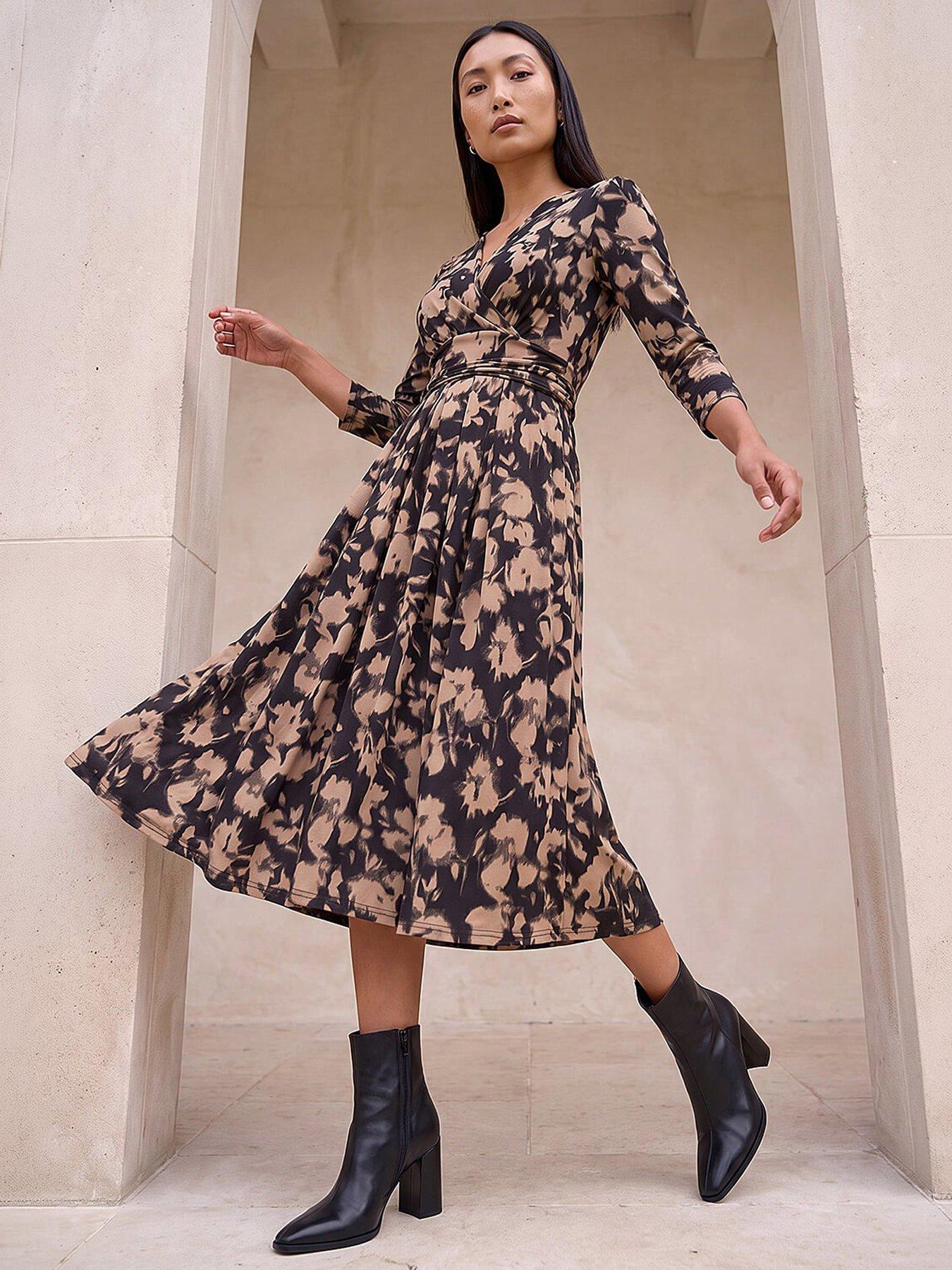 Roman Abstract Floral Print Wrap Midi Dress, Grey, Size 12, Women