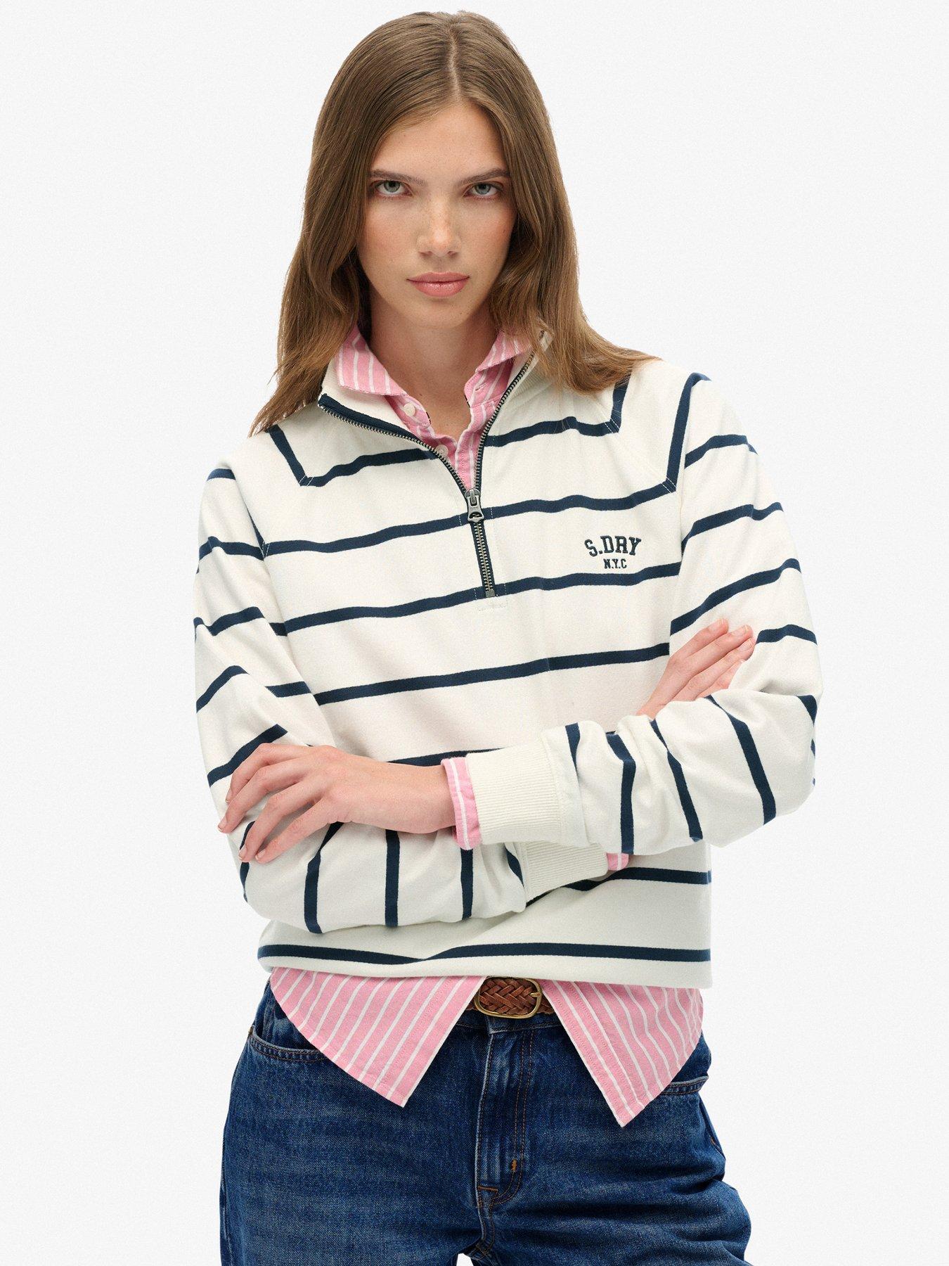 Superdry Ath Essential Stripe Half Zip - White/Navy Stripe