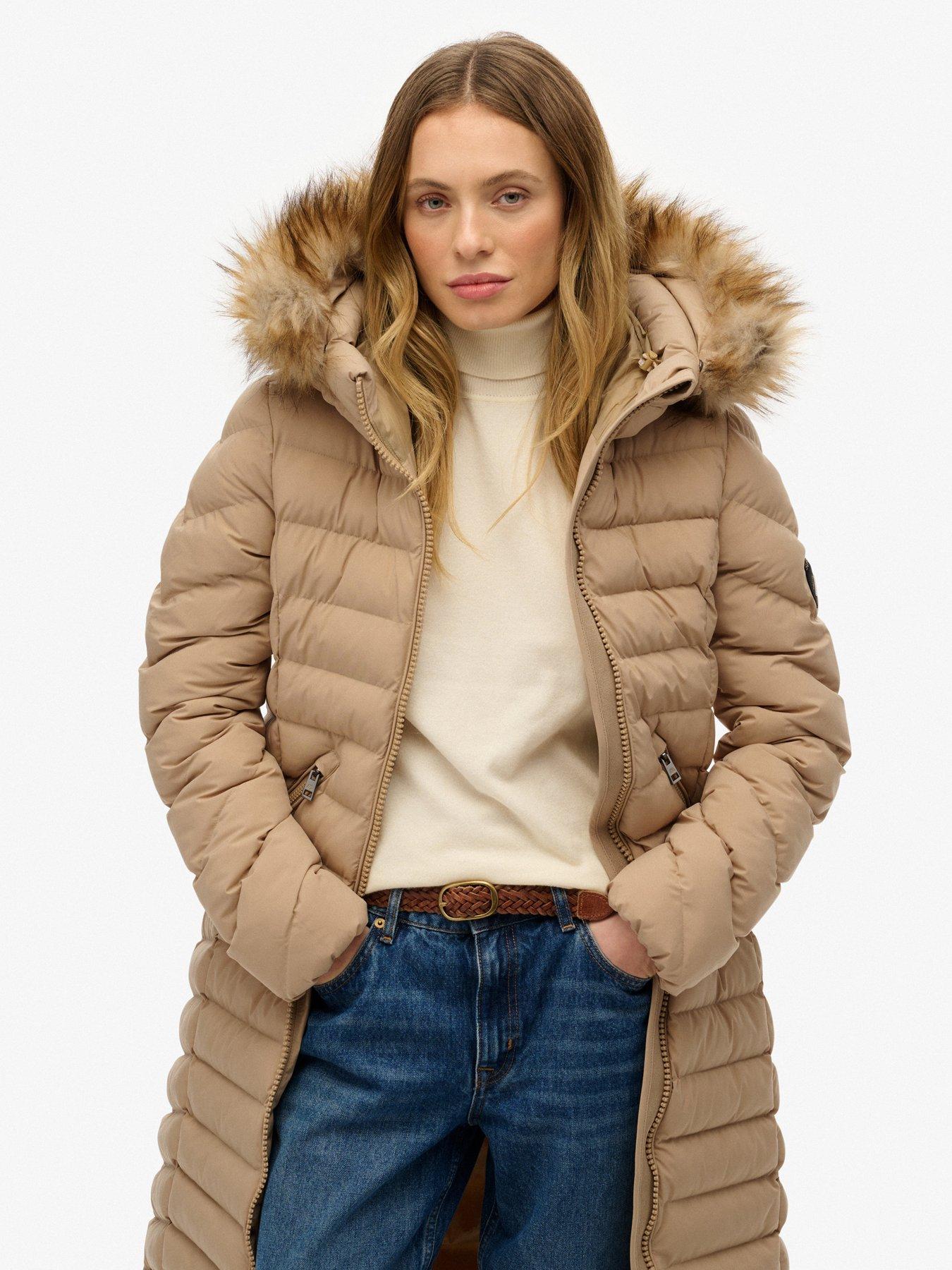 Superdry Fuji Faux Fur Hooded Longline, Beige, Size 12, Women